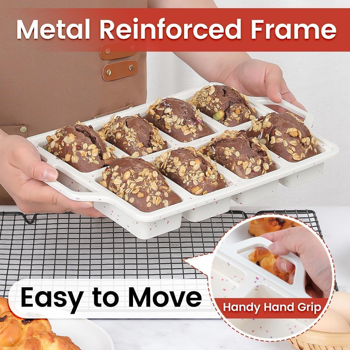 Mini Loaf Pans, Metal Reinforced Frame Silicone Bread Pans 8 Cavities Nonstick for Baking Cornbread, Bread, Brownie, Cheesecake, Chocolate 2 Pack Confetti Creamy 8-cup: 2.2"x3.5": 2pcs