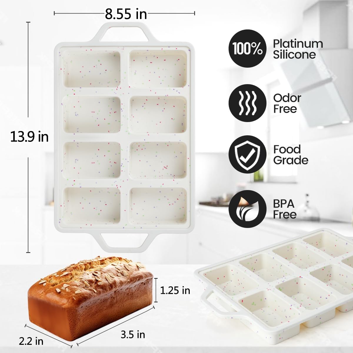 Mini Loaf Pans, Metal Reinforced Frame Silicone Bread Pans 8 Cavities Nonstick for Baking Cornbread, Bread, Brownie, Cheesecake, Chocolate 2 Pack Confetti Creamy 8-cup: 2.2"x3.5": 2pcs