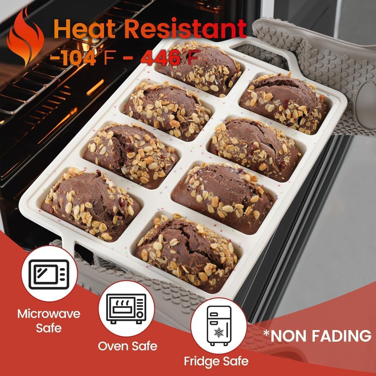 Mini Loaf Pans, Metal Reinforced Frame Silicone Bread Pans 8 Cavities Nonstick for Baking Cornbread, Bread, Brownie, Cheesecake, Chocolate 2 Pack Confetti Creamy 8-cup: 2.2"x3.5": 2pcs