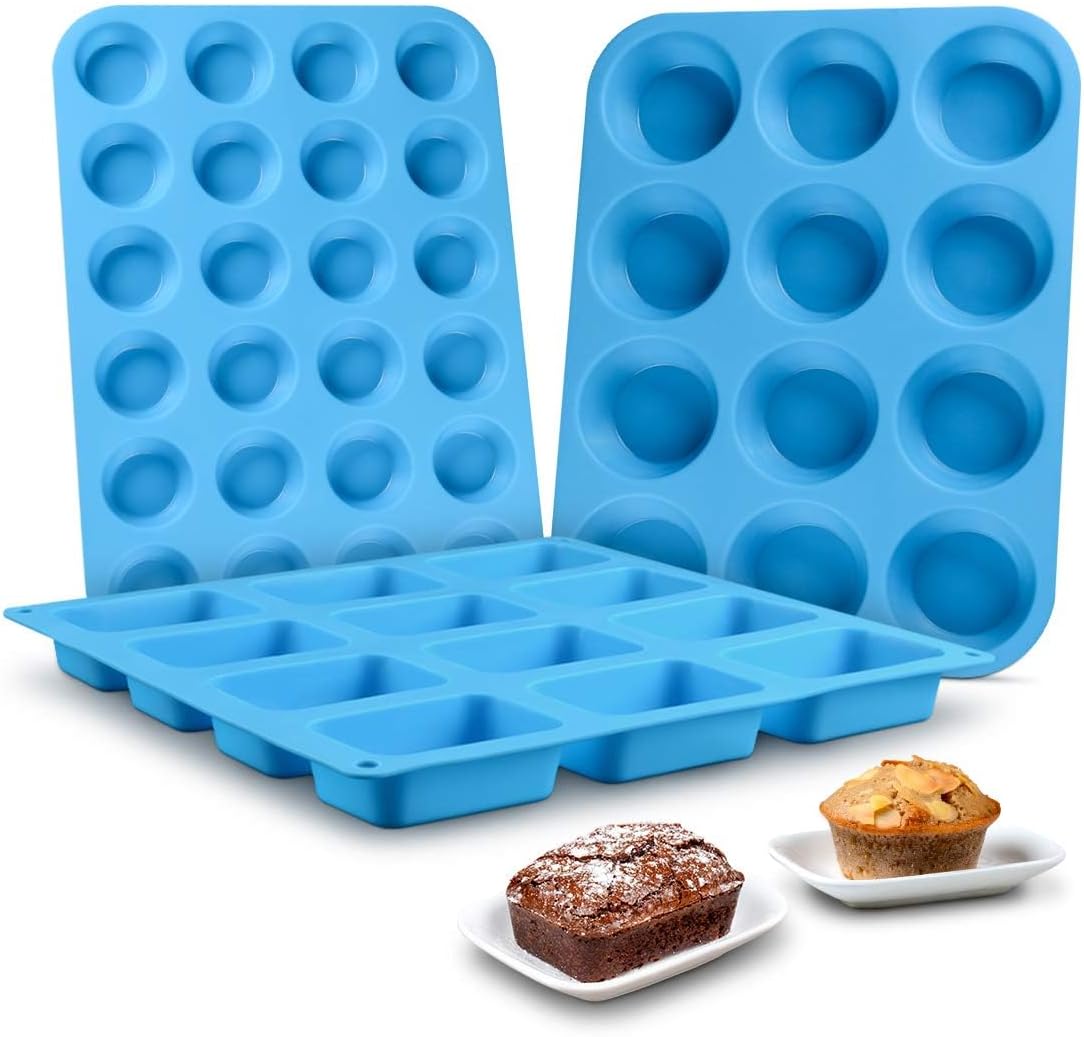 Silicone Muffin Pan - Cupcake Pan, Mini Loaf Baking Molds Food Grade 3-Pack Blue