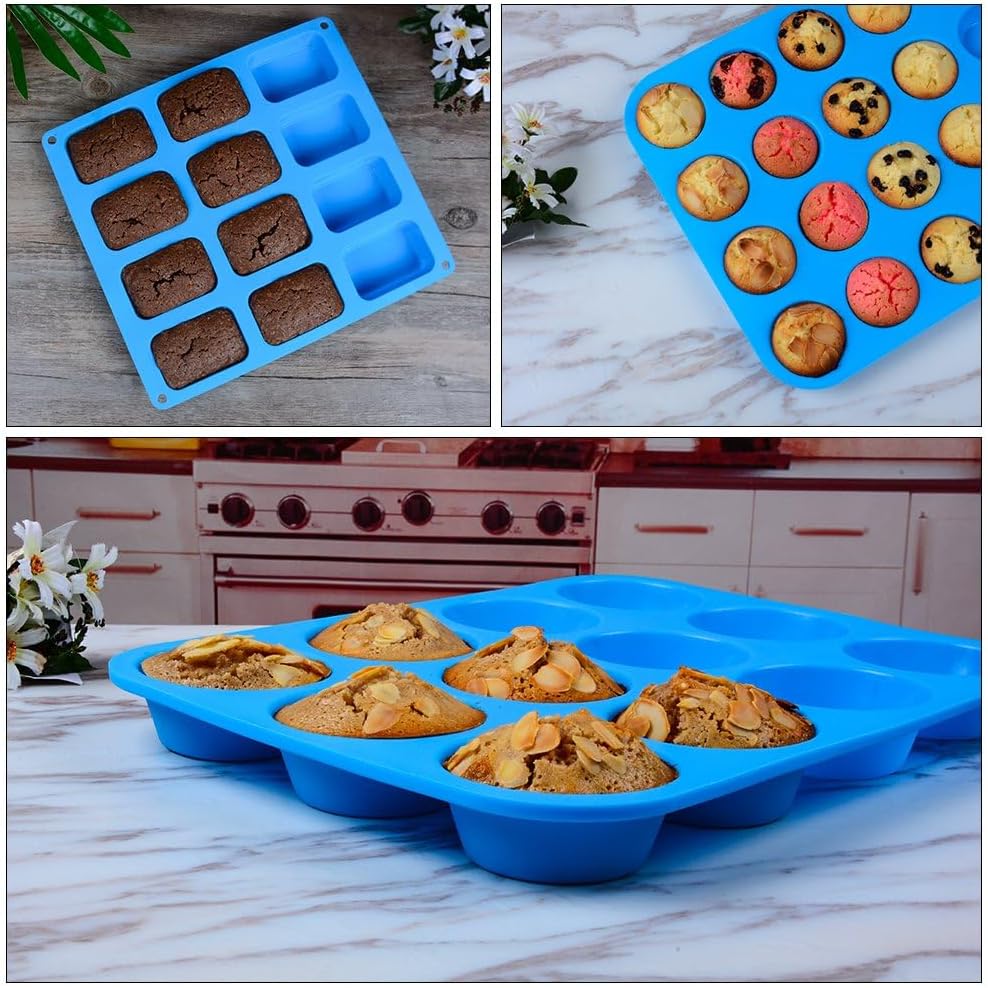 Silicone Muffin Pan - Cupcake Pan, Mini Loaf Baking Molds Food Grade 3-Pack Blue
