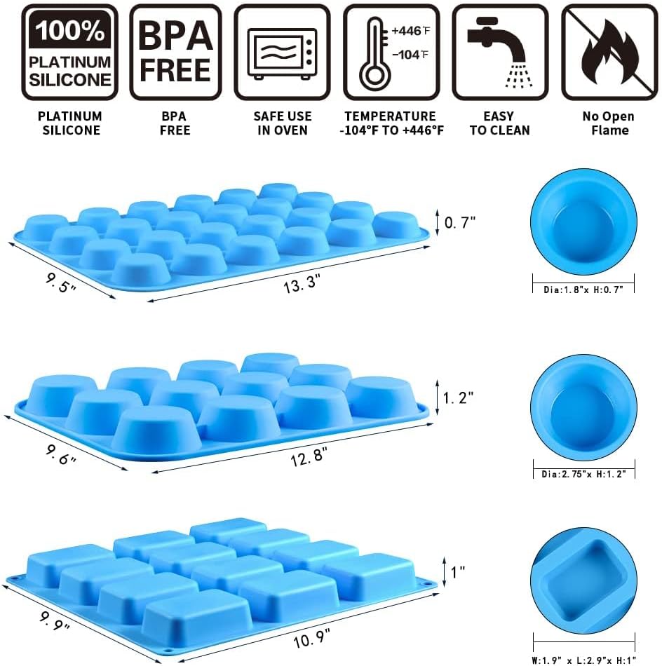 Silicone Muffin Pan - Cupcake Pan, Mini Loaf Baking Molds Food Grade 3-Pack Blue