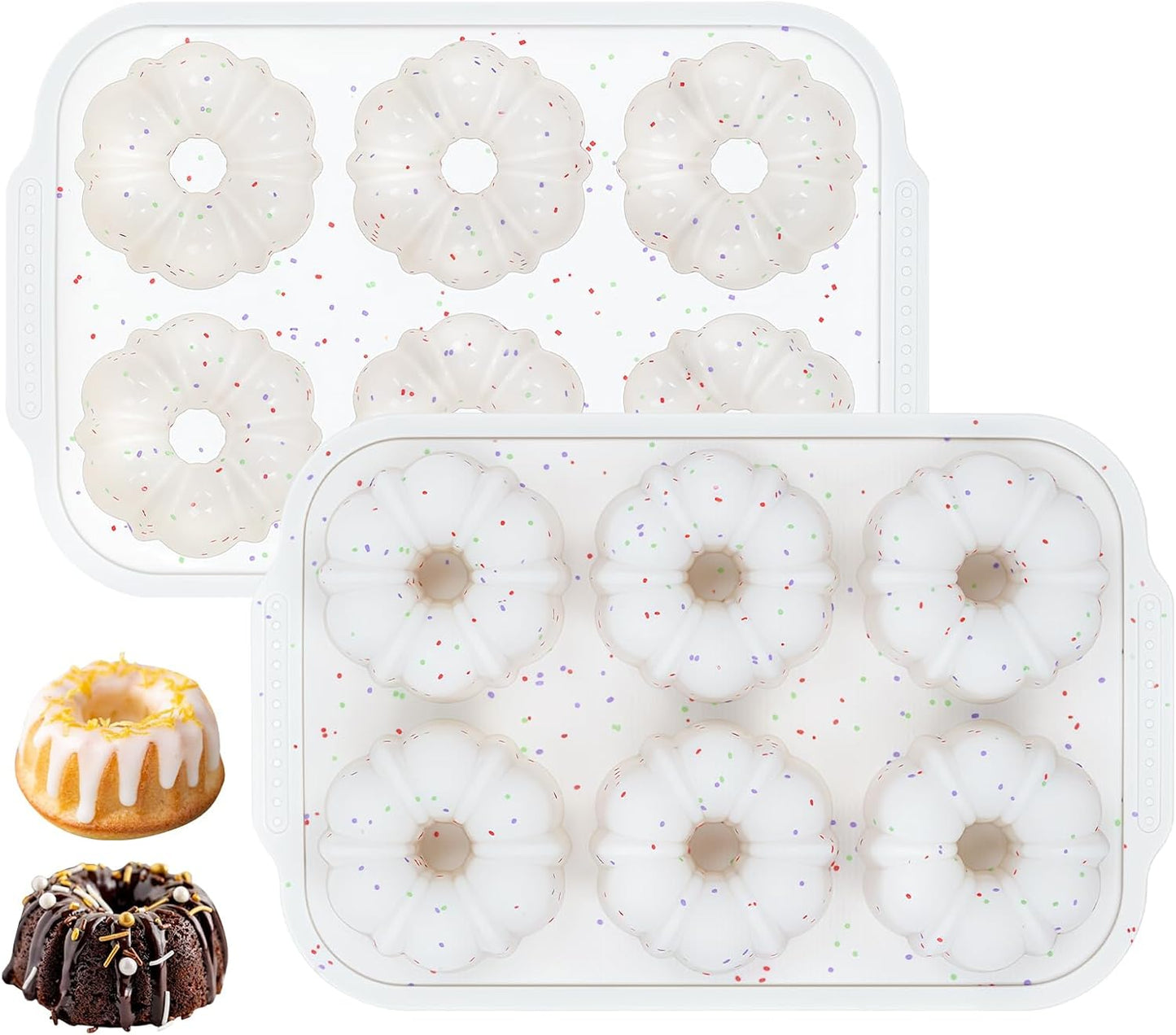 Mini Fluted Tube Pan with Metal Reinforced Frame, 6-Cavity Silicone Nonstick Small Cake Molds 2Pcs for Chocoflan, Donuts, Cornbread, Brownies, Jellies BPA Free - Mini-3“: 2pcs