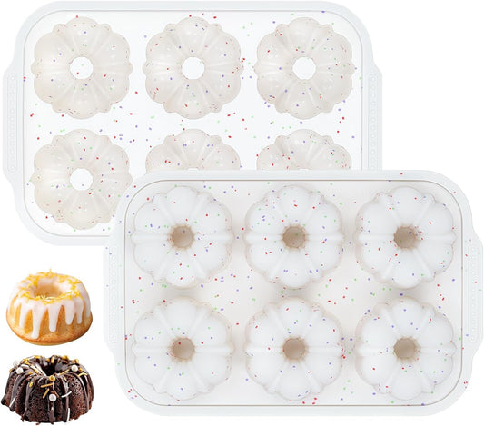 Mini Fluted Tube Pan with Metal Reinforced Frame, 6-Cavity Silicone Nonstick Small Cake Molds 2Pcs for Chocoflan, Donuts, Cornbread, Brownies, Jellies BPA Free - Mini-3“: 2pcs