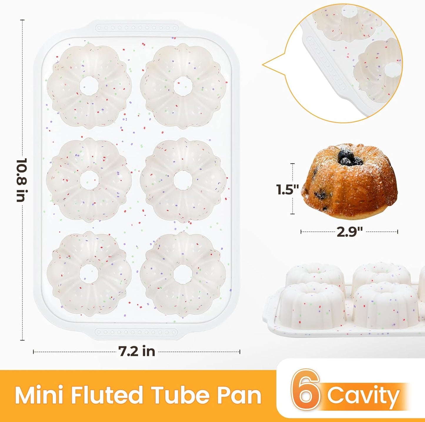 Mini Fluted Tube Pan with Metal Reinforced Frame, 6-Cavity Silicone Nonstick Small Cake Molds 2Pcs for Chocoflan, Donuts, Cornbread, Brownies, Jellies BPA Free - Mini-3“: 2pcs
