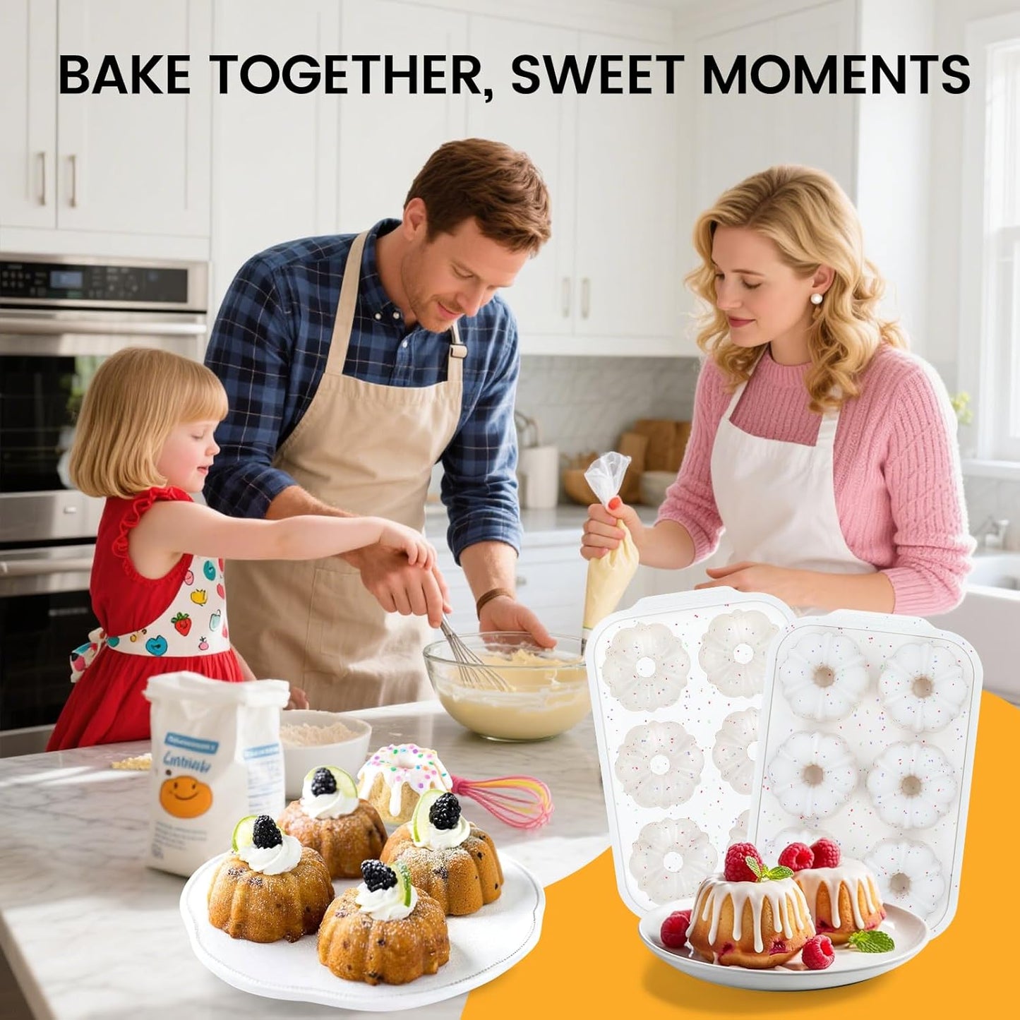 Mini Fluted Tube Pan with Metal Reinforced Frame, 6-Cavity Silicone Nonstick Small Cake Molds 2Pcs for Chocoflan, Donuts, Cornbread, Brownies, Jellies BPA Free - Mini-3“: 2pcs