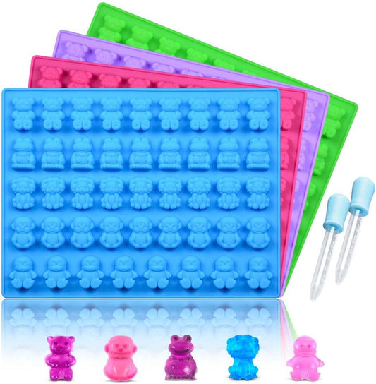 Silicone Candy Gummy Bear Molds - Chocolate Including Bears, Frogs, Lions, Monkeys, Penguins Gummie Premium Silicone, Pack of 4 with 2 Droppers 5 Animals