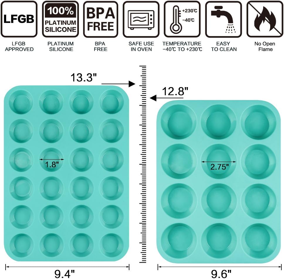 Silicone Muffin Pan Cupcake Set - Mini 24 Cups and Regular 12 Tin, Nonstick Food Grade Molds with Baking 12-Cup & 24-Cup