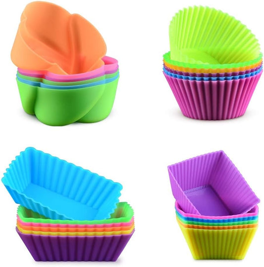 Silicone Baking Cups Cupcake Liners - 24 Pcs Reusable Molds Including Round, Rectanguar, Square, Flower Food Grade