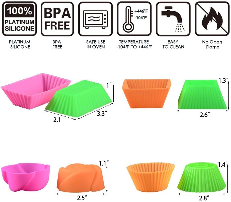 Silicone Baking Cups Cupcake Liners - 24 Pcs Reusable Molds Including Round, Rectanguar, Square, Flower Food Grade