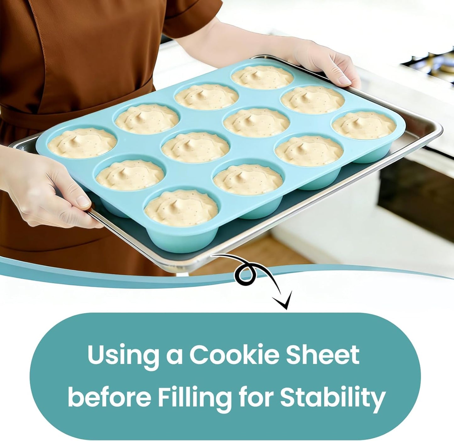 Silicone Muffin Pan, Regular Size 12 Cups Non Stick Cupcake Pan for Baking, Light Blue -