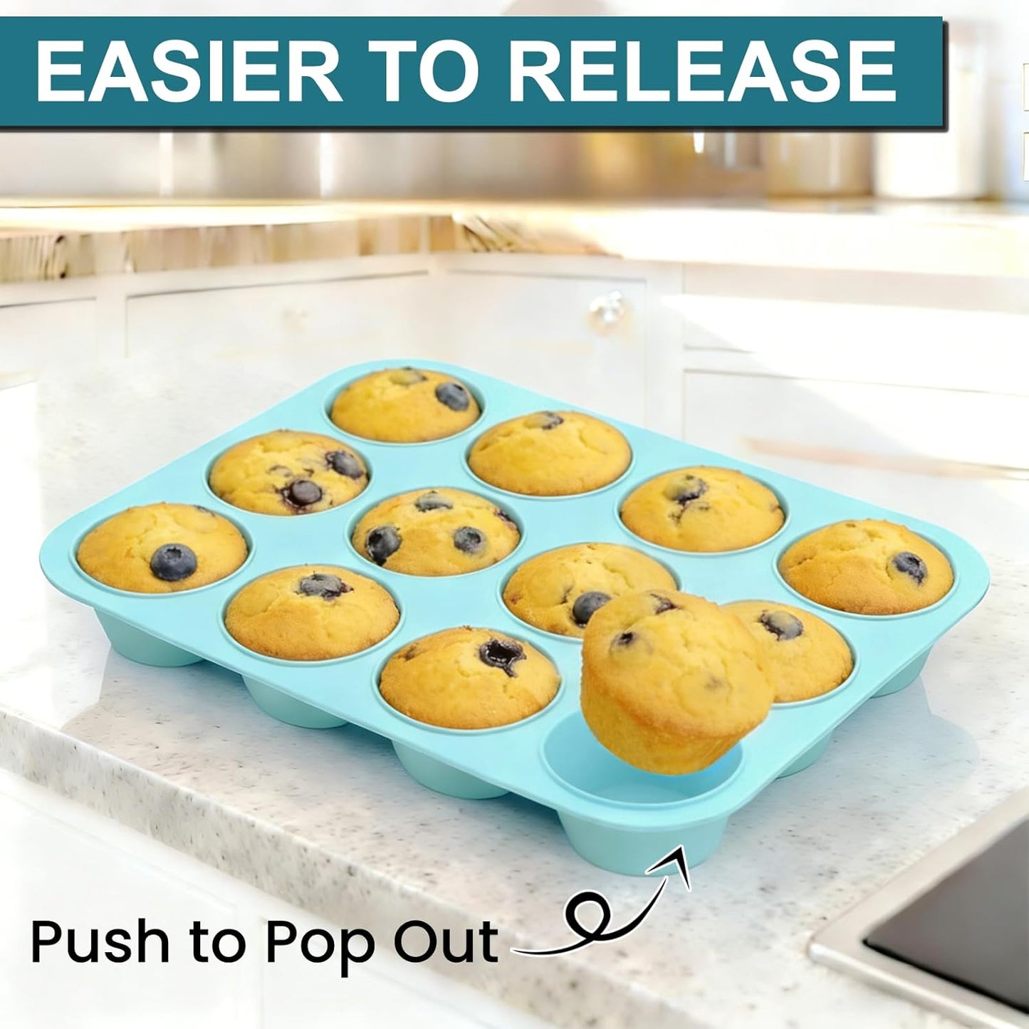 Silicone Muffin Pan, Regular Size 12 Cups Non Stick Cupcake Pan for Baking, Light Blue -