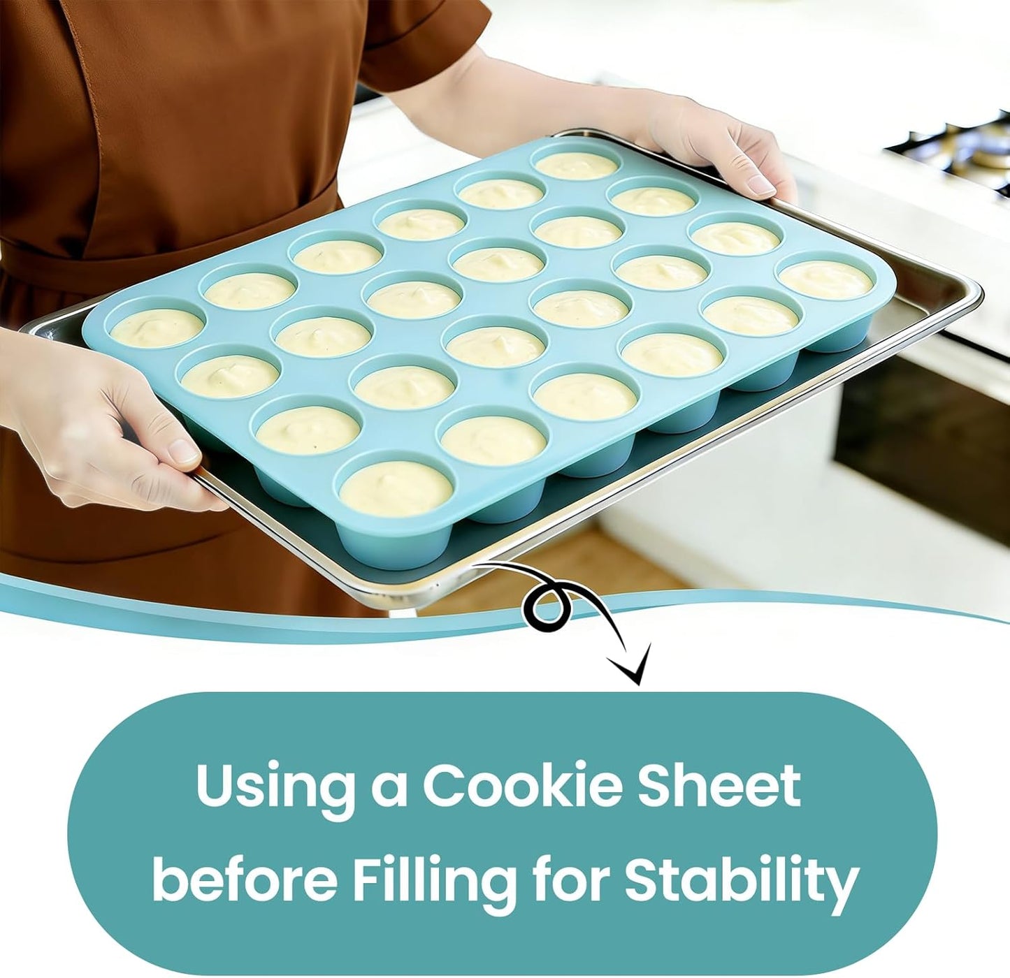 Silicone Mini Muffin Pan, 24 Cups Nonstick Cupcake Pan for Baking Muffin, Cupcake, Egg Bites, Fat Bomb, Light Blue -