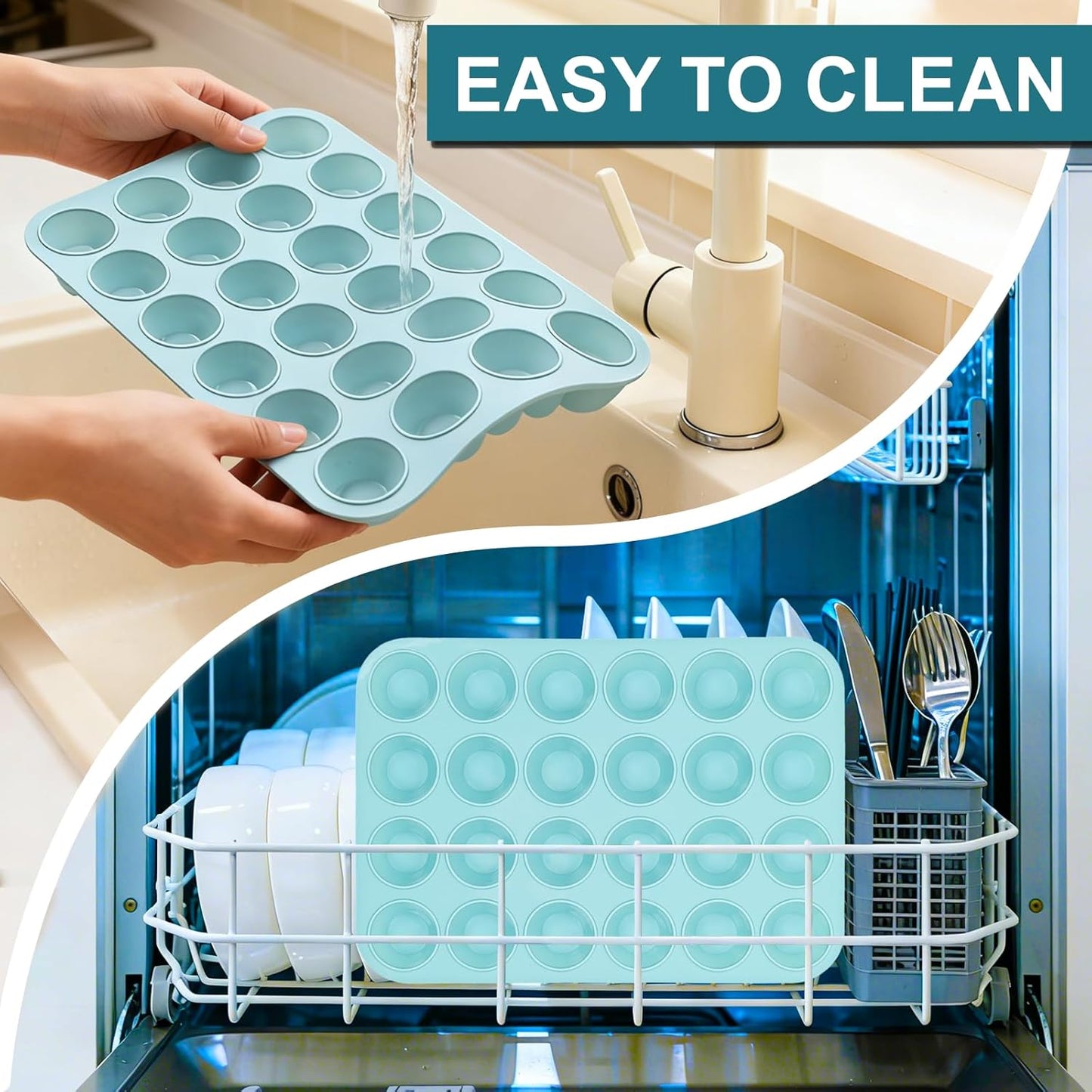 Silicone Mini Muffin Pan, 24 Cups Nonstick Cupcake Pan for Baking Muffin, Cupcake, Egg Bites, Fat Bomb, Light Blue -