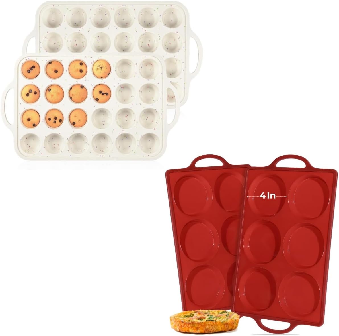 Metal Reinforced Frame Silicone Cupcake Pans-24 Cups 2Pcs & 4 Inch Round Egg Baking Pan -