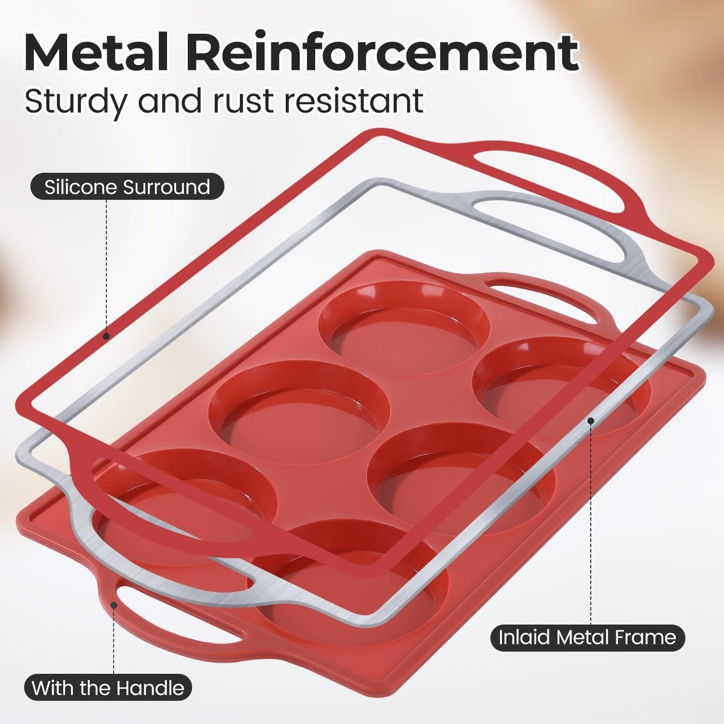 Metal Reinforced Frame Silicone Cupcake Pans-24 Cups 2Pcs & 4 Inch Round Egg Baking Pan -