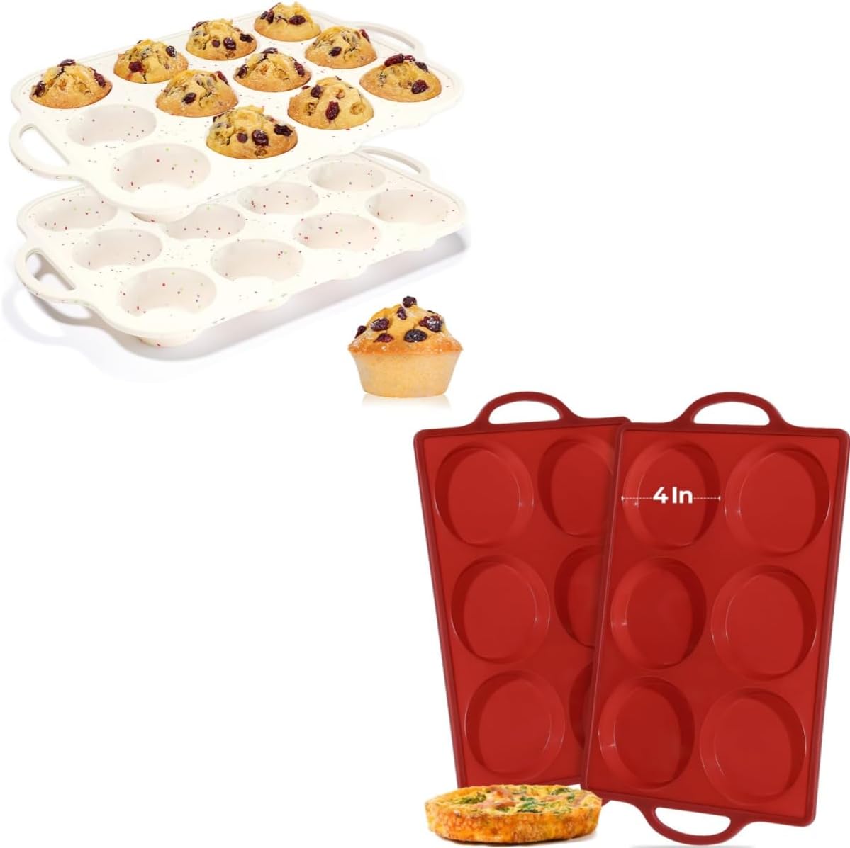 Metal Reinforced Frame Silicone Cupcake Pans-12 Cups 2Pcs & 4 Inch Round Egg Baking Pan -