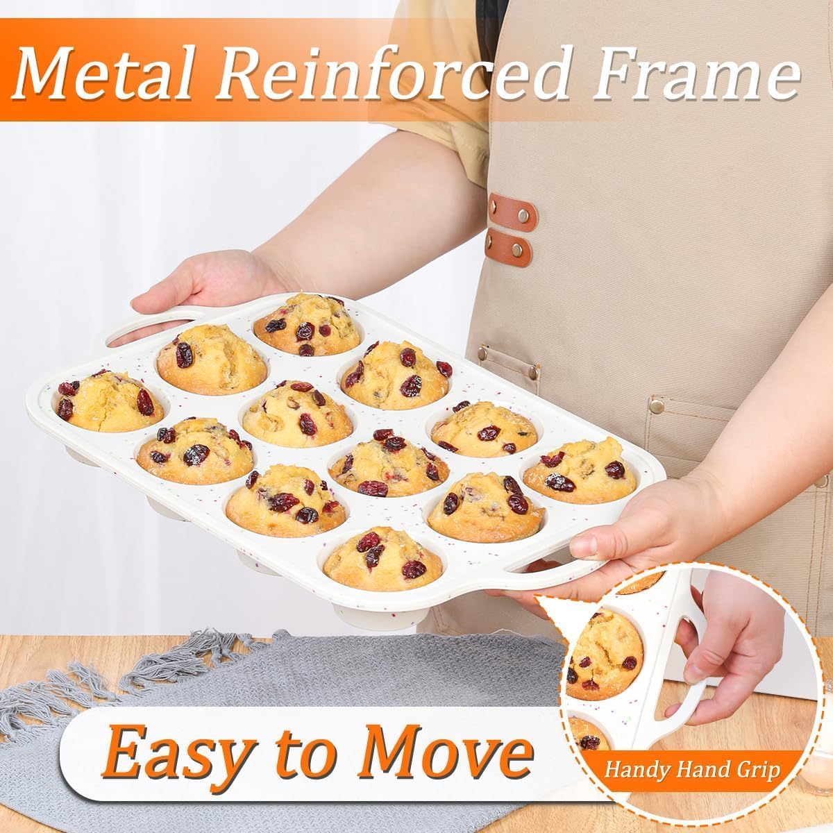 Metal Reinforced Frame Silicone Cupcake Pans-12 Cups 2Pcs & 4 Inch Round Egg Baking Pan -