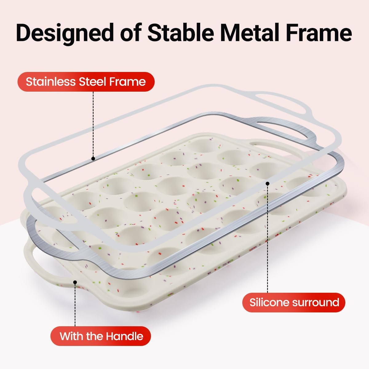 Metal Reinforced Frame Silicone Mini Muffin Pan- 24 Cups &Silicone Top Pan with Frame-4 Inch -