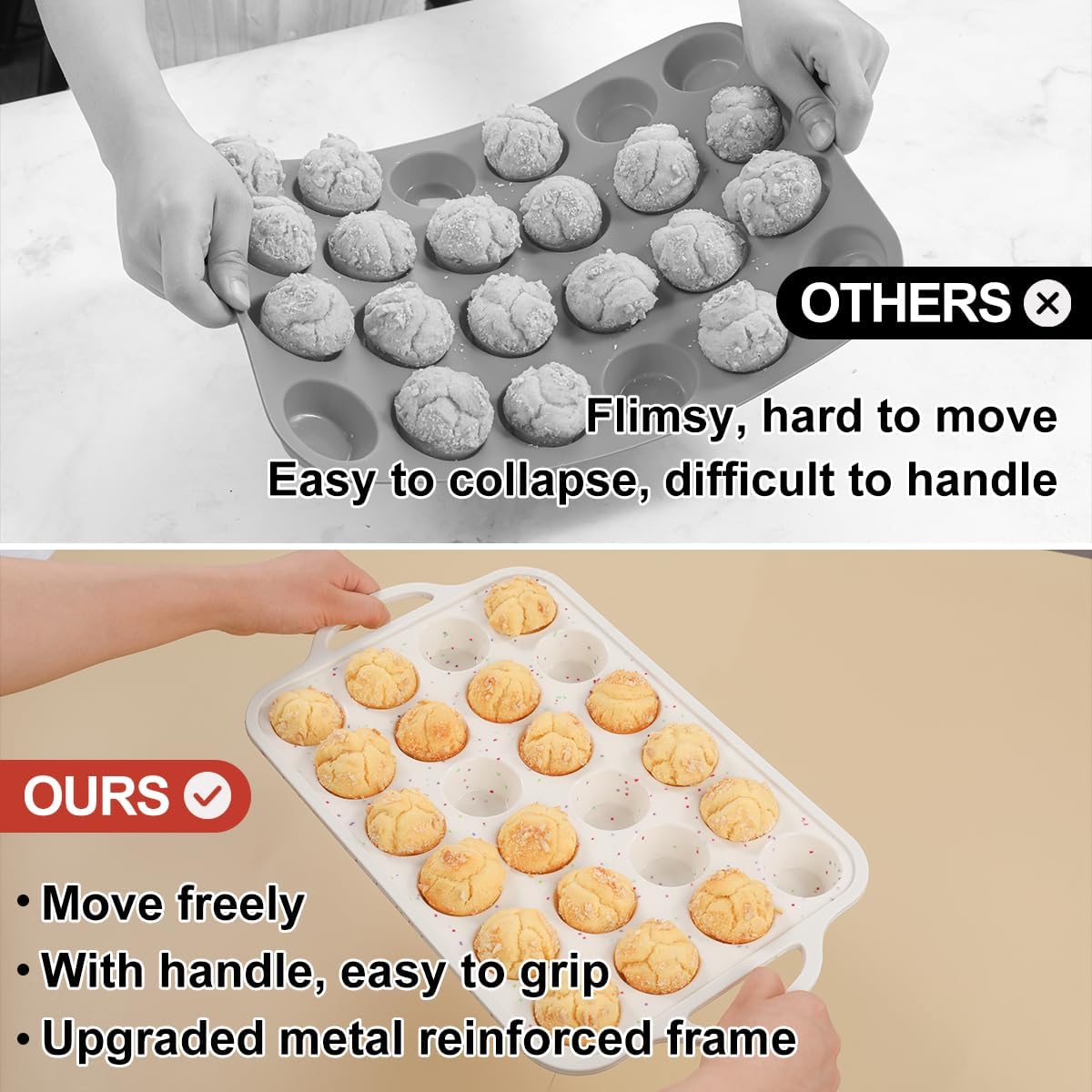 Metal Reinforced Frame Silicone Mini Muffin Pan- 24 Cups &Silicone Top Pan with Frame-4 Inch -
