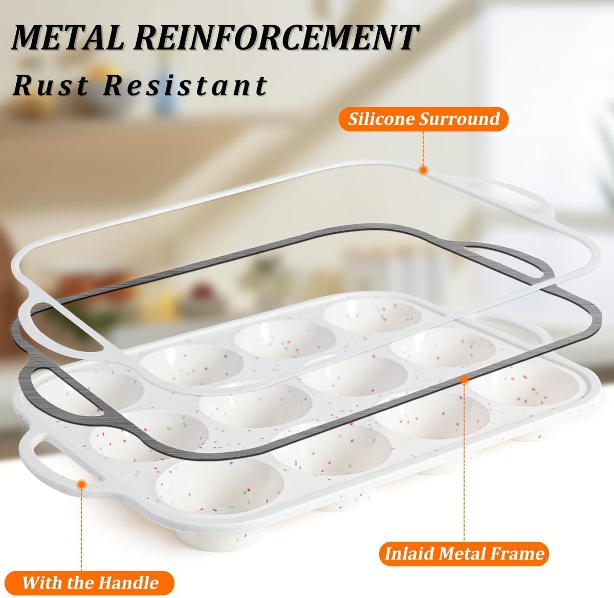 Silicone Muffin Pan Nonstick Cupcake ＆ Metal Reinforced Frame Regular Size Pans Tray for Baking BPA Free -