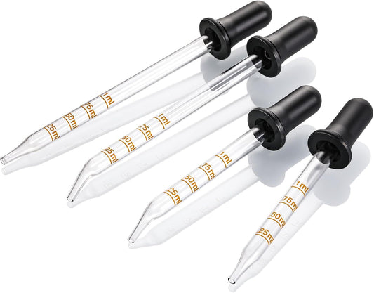 4 Pack, 1 mL Glass Eye Dropper with Measurement - Long & Short, Bent Straight Tip Calibrated Medicine Droppers, Accurate Dose Pipette for Essential Oils, Feeding, Ear, Lab, Health Care