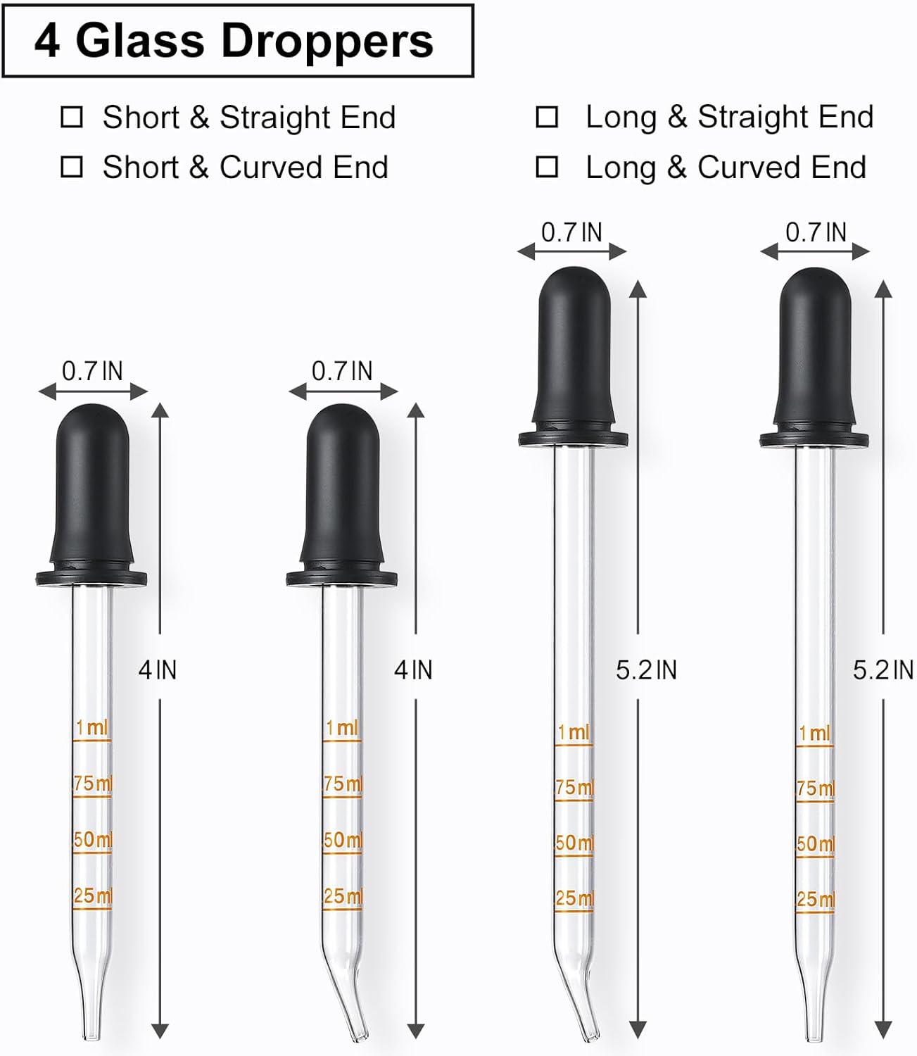 4 Pack, 1 mL Glass Eye Dropper with Measurement - Long & Short, Bent Straight Tip Calibrated Medicine Droppers, Accurate Dose Pipette for Essential Oils, Feeding, Ear, Lab, Health Care