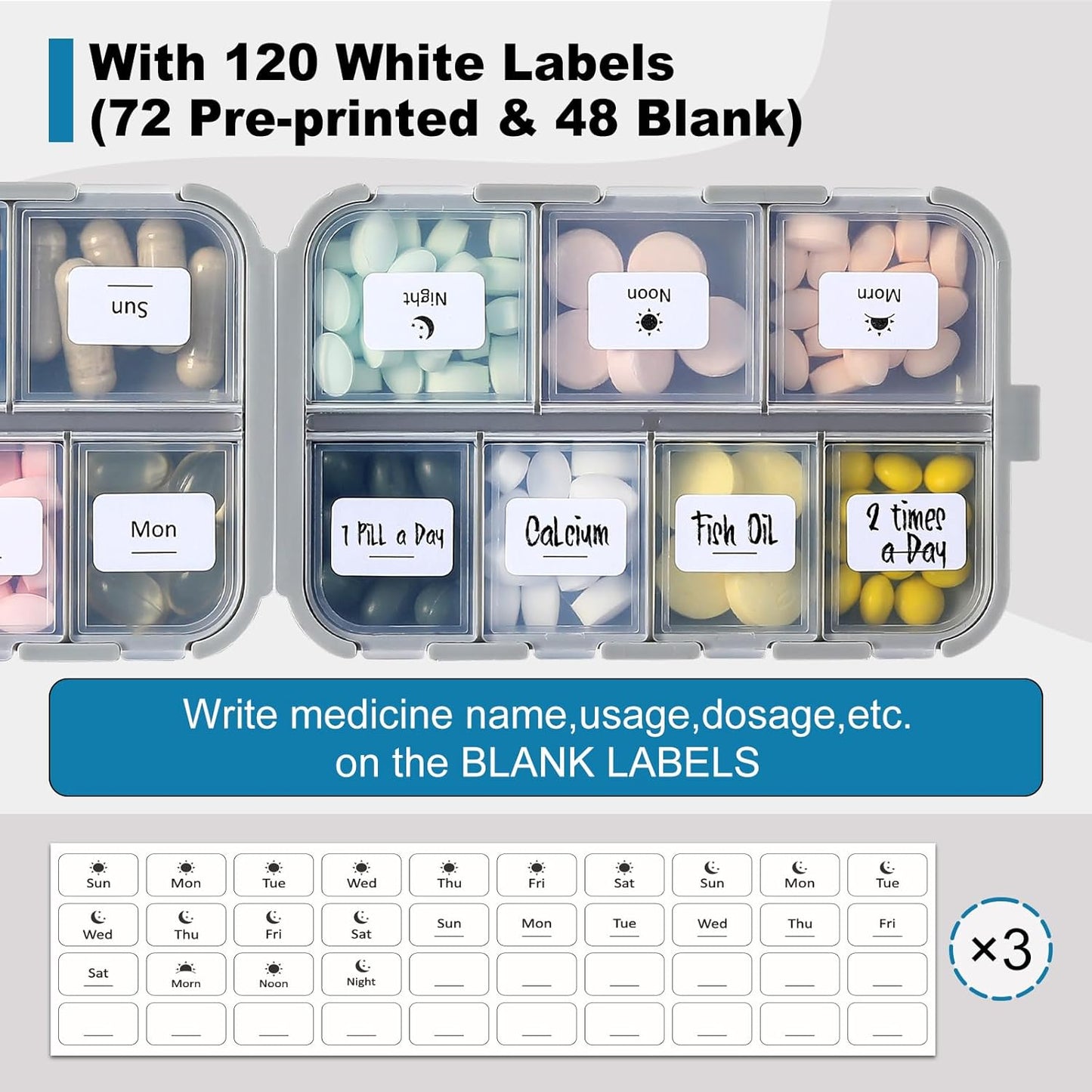 14 Grids Pill Organizer Box with Labels, Travel Medication Holder Dispenser Case Kit, Pocket Daily Pharmacy Container for Fish Oil Vitamin Supplement Storage, Khaki Pink Grey, 3 Pack Khaki+pink+grey