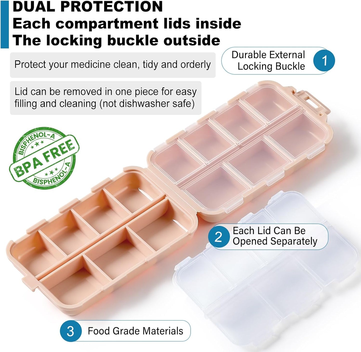 14 Grids Pill Organizer Box with Labels, Travel Medication Holder Dispenser Case Kit, Pocket Daily Pharmacy Container for Fish Oil Vitamin Supplement Storage, Khaki Pink Grey, 3 Pack Khaki+pink+grey