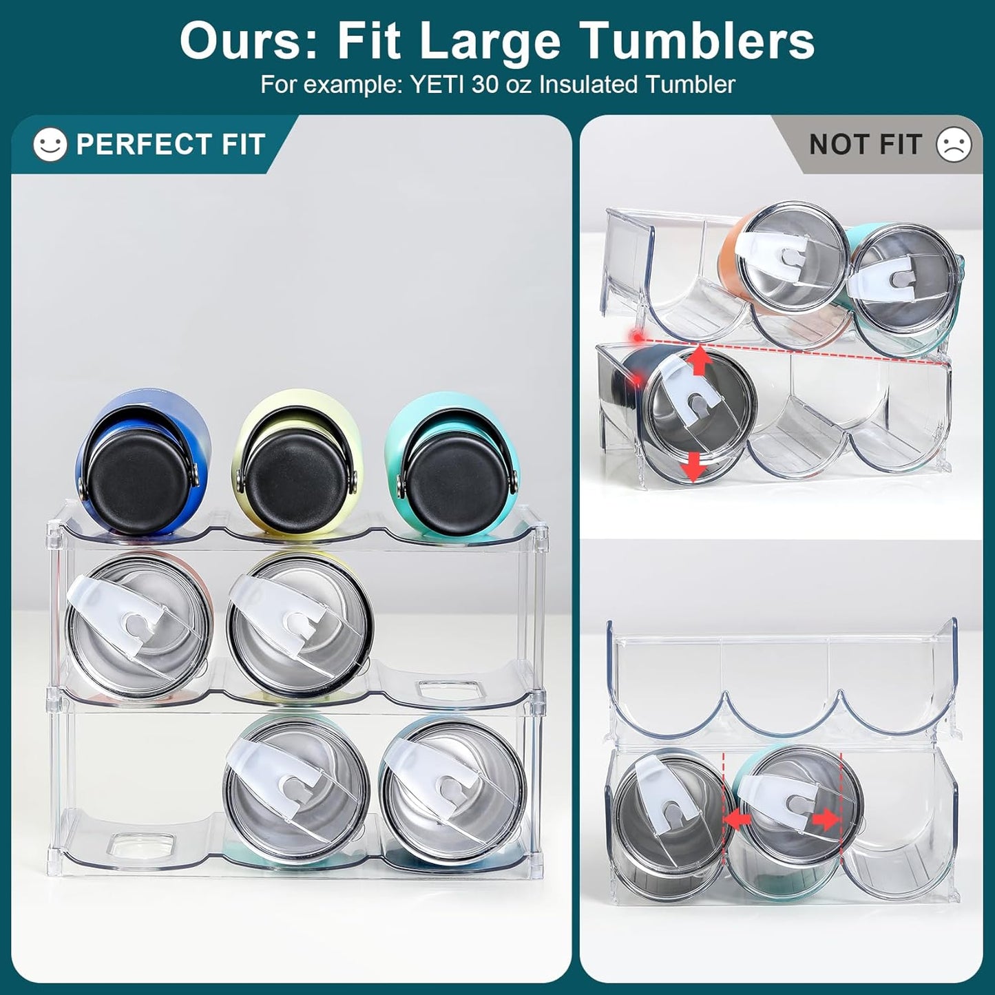LARGER Compartment - Stackable Water Bottle Organizer Holder for Stanley & Others' Large Tumbler Clear Wine Rack, Cup Cabinet Home Countertop Fridge Pantry Shelf, 3 Tier Hold 9
