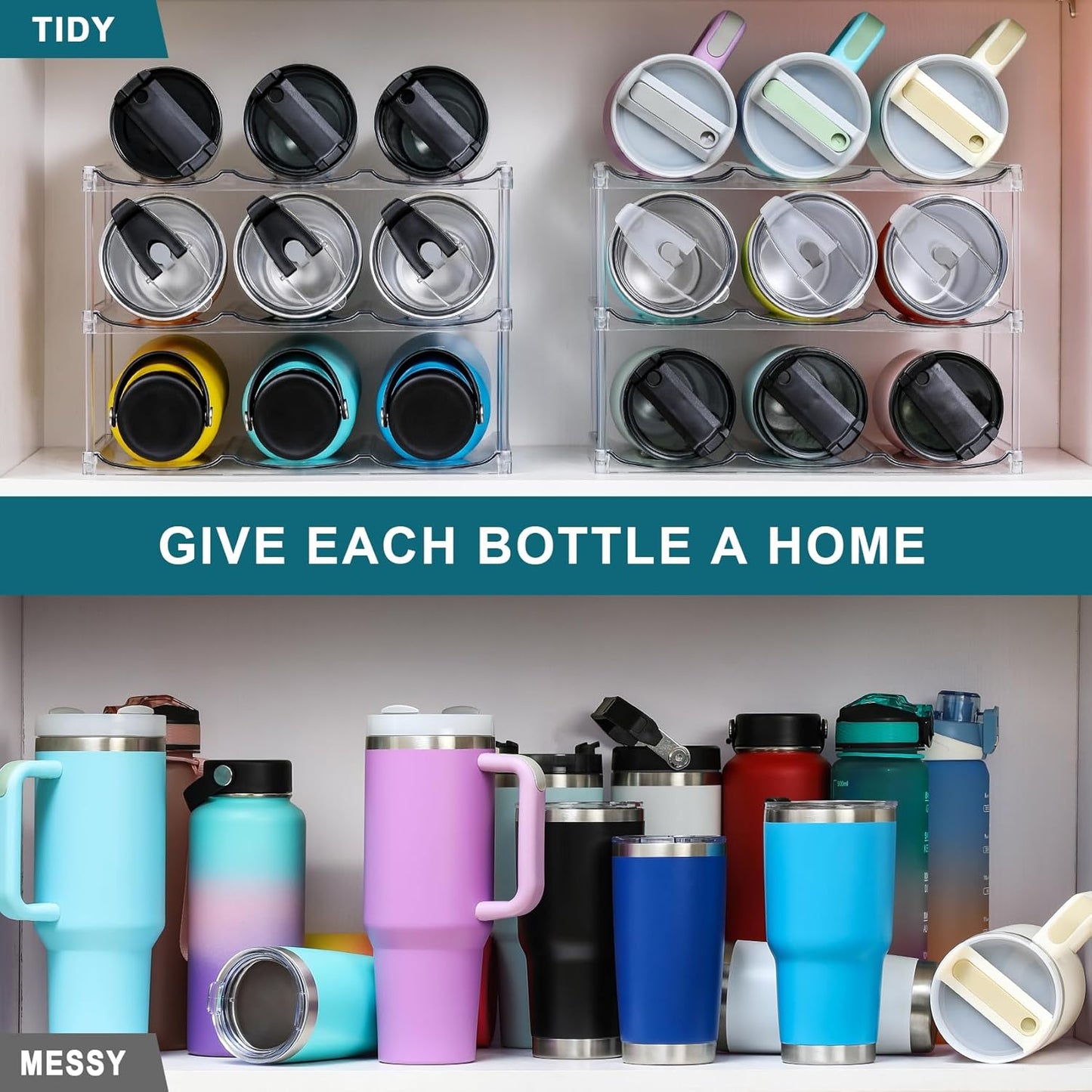 LARGER Compartment - Stackable Water Bottle Organizer Holder for Stanley & Others' Large Tumbler Clear Wine Rack, Cup Cabinet Home Countertop Fridge Pantry Shelf, 3 Tier Hold 9