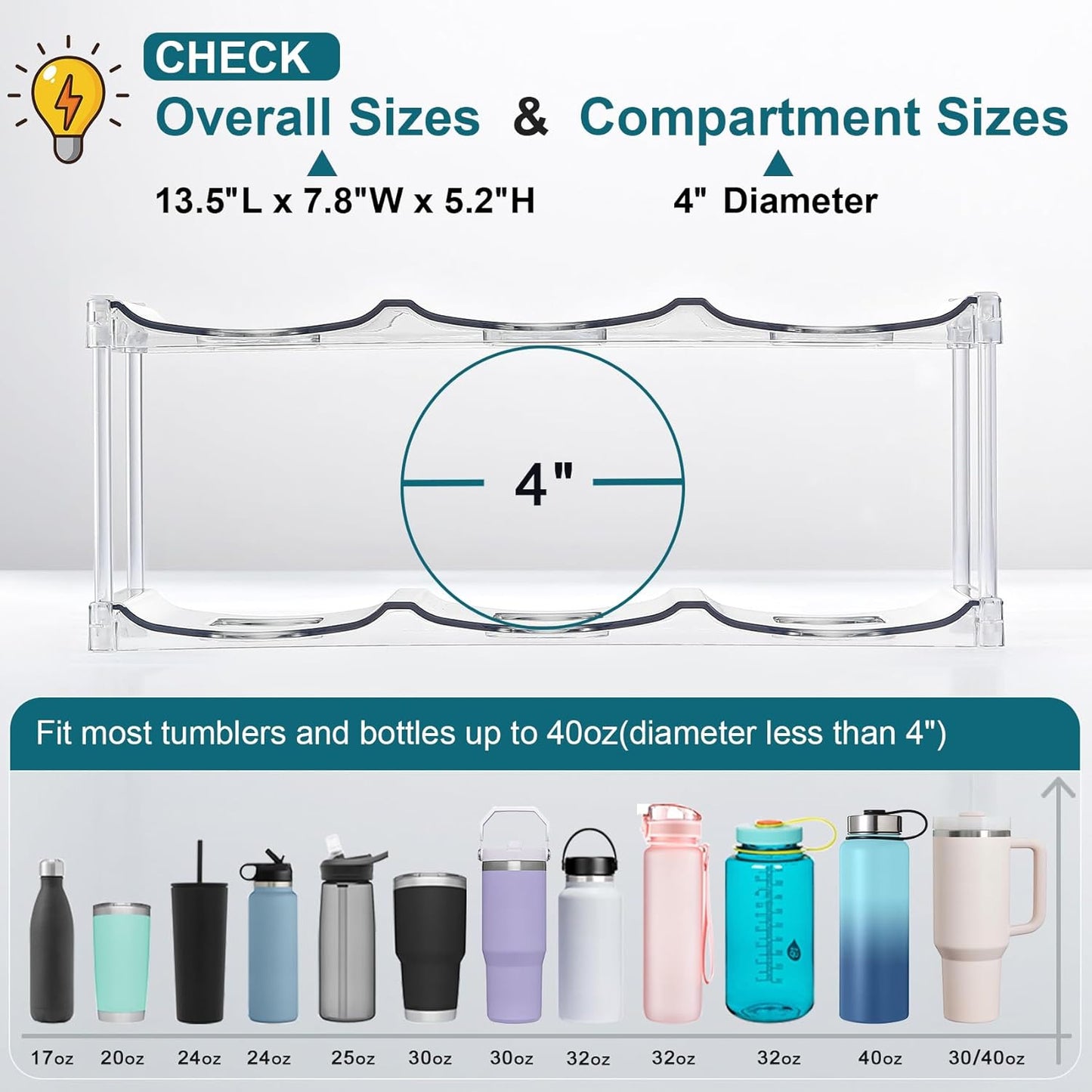 LARGER Compartment - Stackable Water Bottle Organizer Holder for Stanley & Others' Large Tumbler Clear Wine Rack, Cup Cabinet Home Countertop Fridge Pantry Shelf, 3 Tier Hold 9