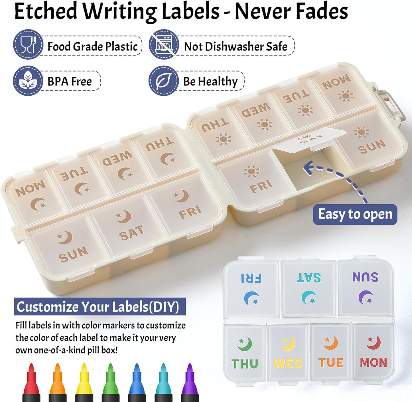 NEW Foldable & Double Protection Portable Weekly Pill Organizer 2 Times A Day with Etched Labels, AM PM 7 Week Medicine Box, Daily Travel Case Holder Dispenser for Vitamin, Supplement - Khaki