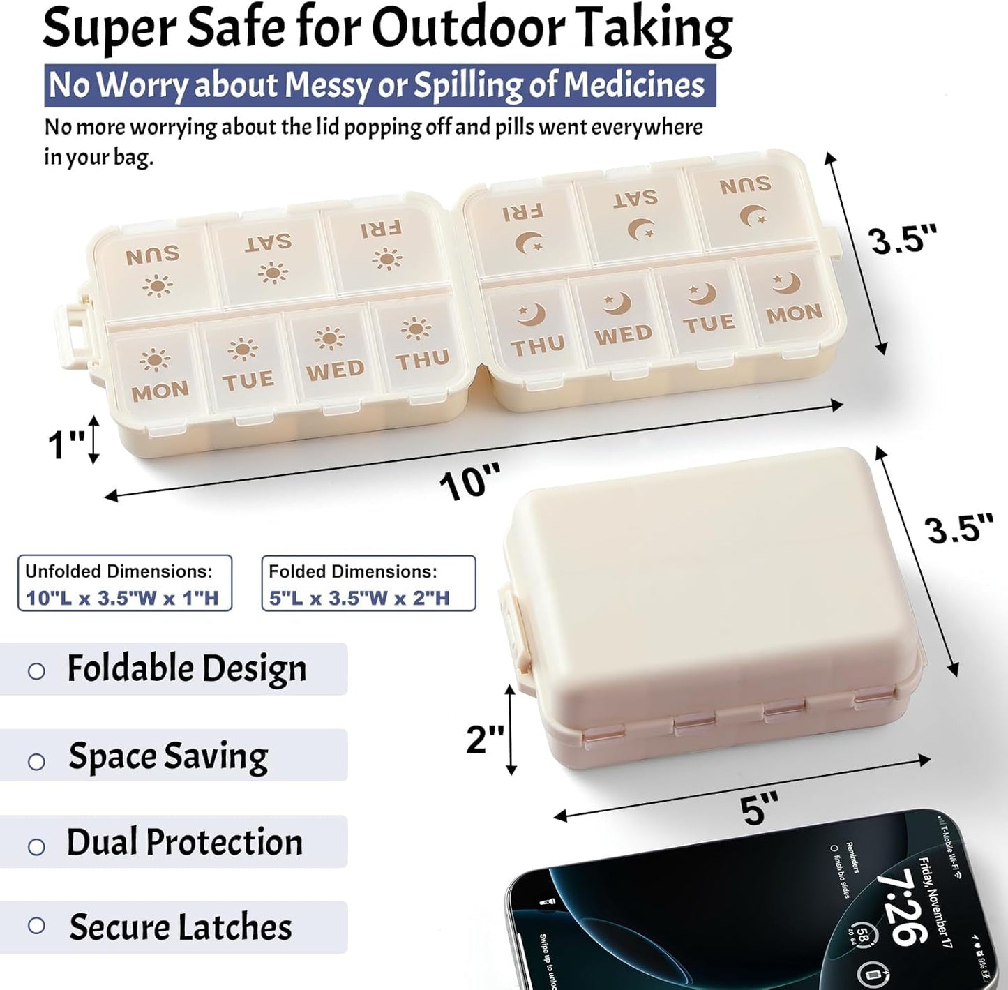 NEW Foldable & Double Protection Portable Weekly Pill Organizer 2 Times A Day with Etched Labels, AM PM 7 Week Medicine Box, Daily Travel Case Holder Dispenser for Vitamin, Supplement - Khaki