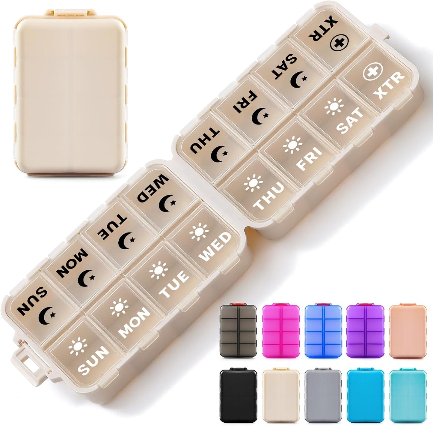 Foldable Weekly Pill Organizer 2 Times a Day with Extra Compartments (Clear Printed Labels) - Portable 7 AM PM Medicine Box, Week Daily Travel Case Holder for Vitamin, Supplement Khaki & EXTRA