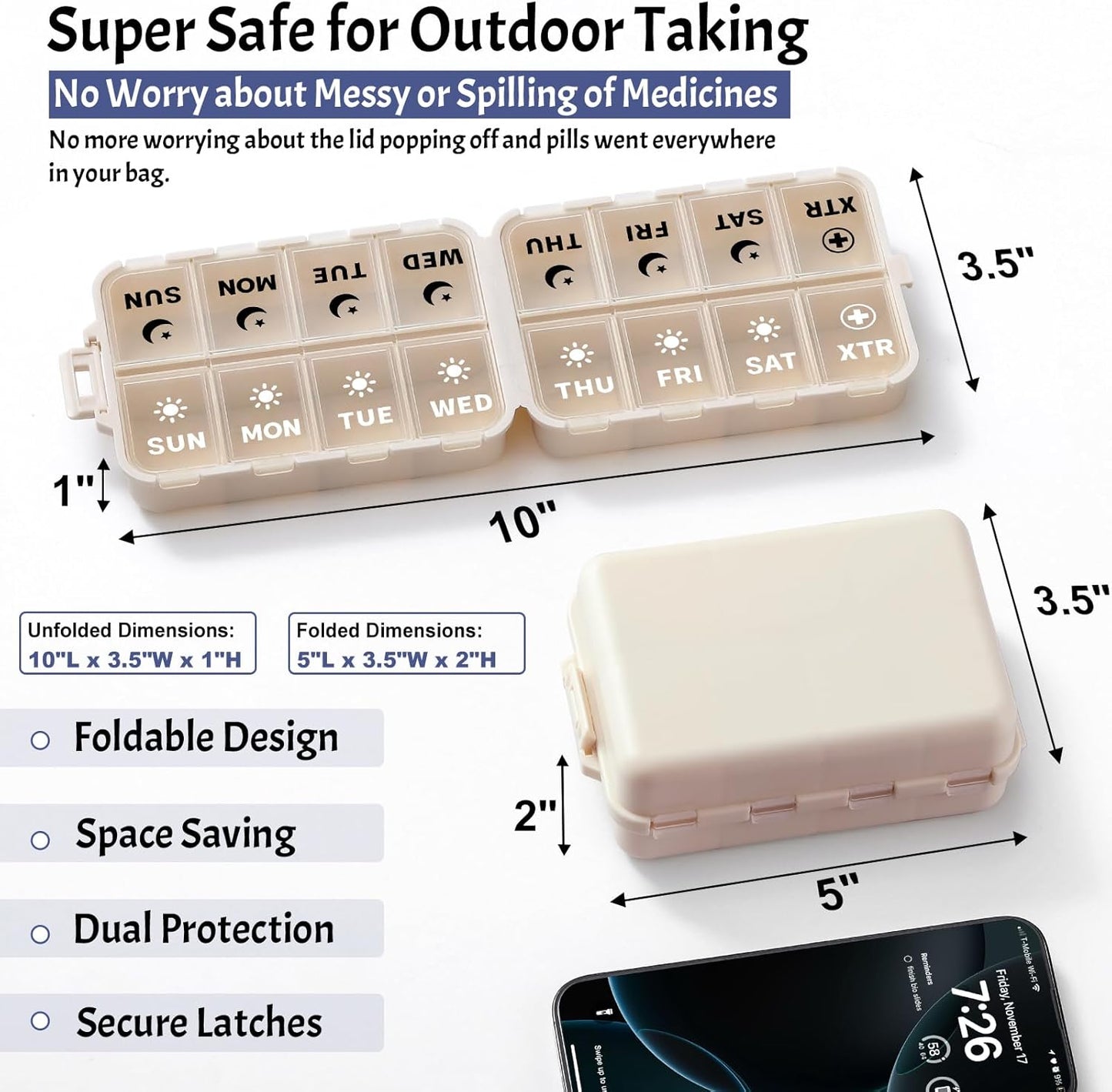 Foldable Weekly Pill Organizer 2 Times a Day with Extra Compartments (Clear Printed Labels) - Portable 7 AM PM Medicine Box, Week Daily Travel Case Holder for Vitamin, Supplement Khaki & EXTRA