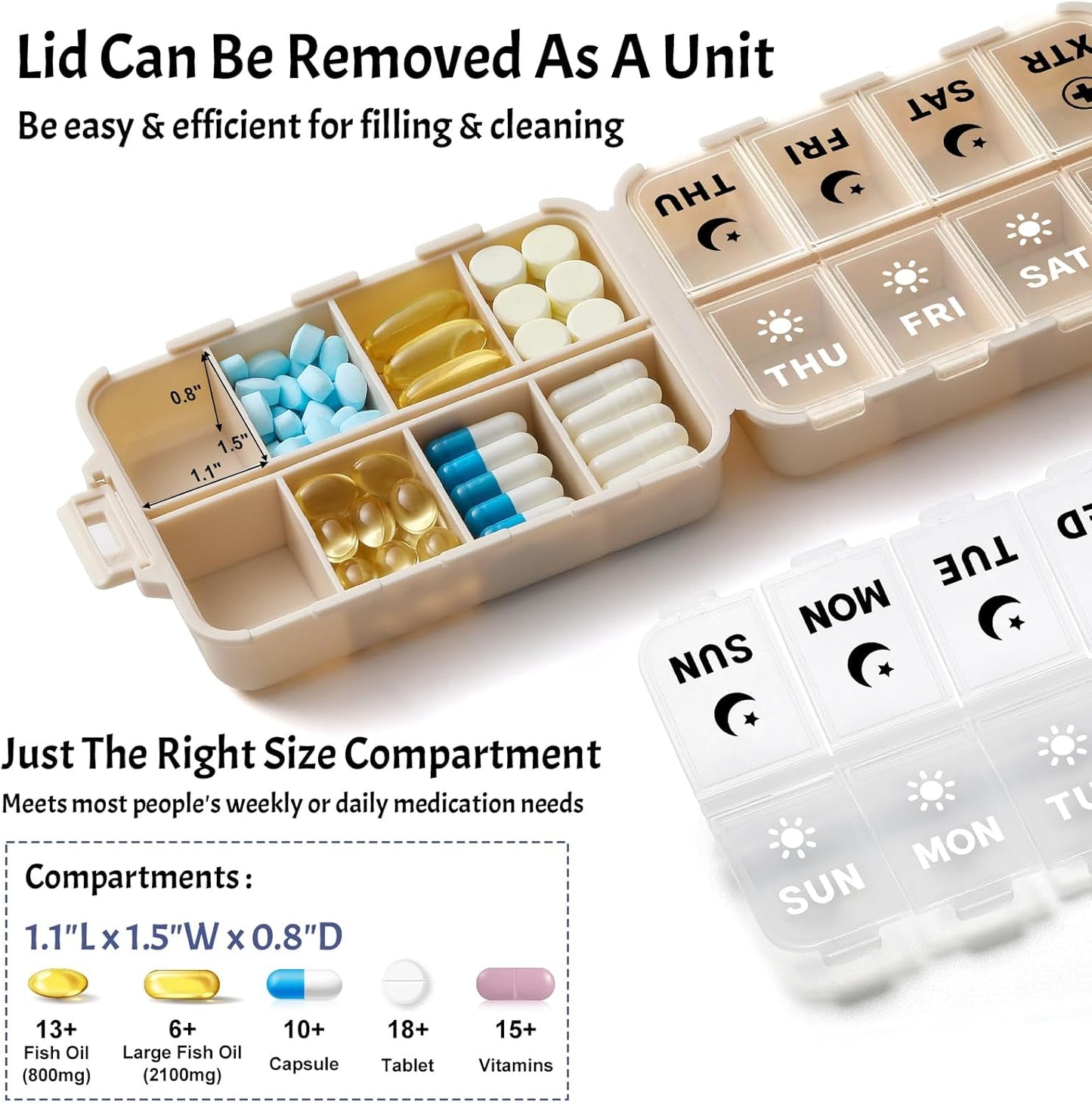 Foldable Weekly Pill Organizer 2 Times a Day with Extra Compartments (Clear Printed Labels) - Portable 7 AM PM Medicine Box, Week Daily Travel Case Holder for Vitamin, Supplement Khaki & EXTRA