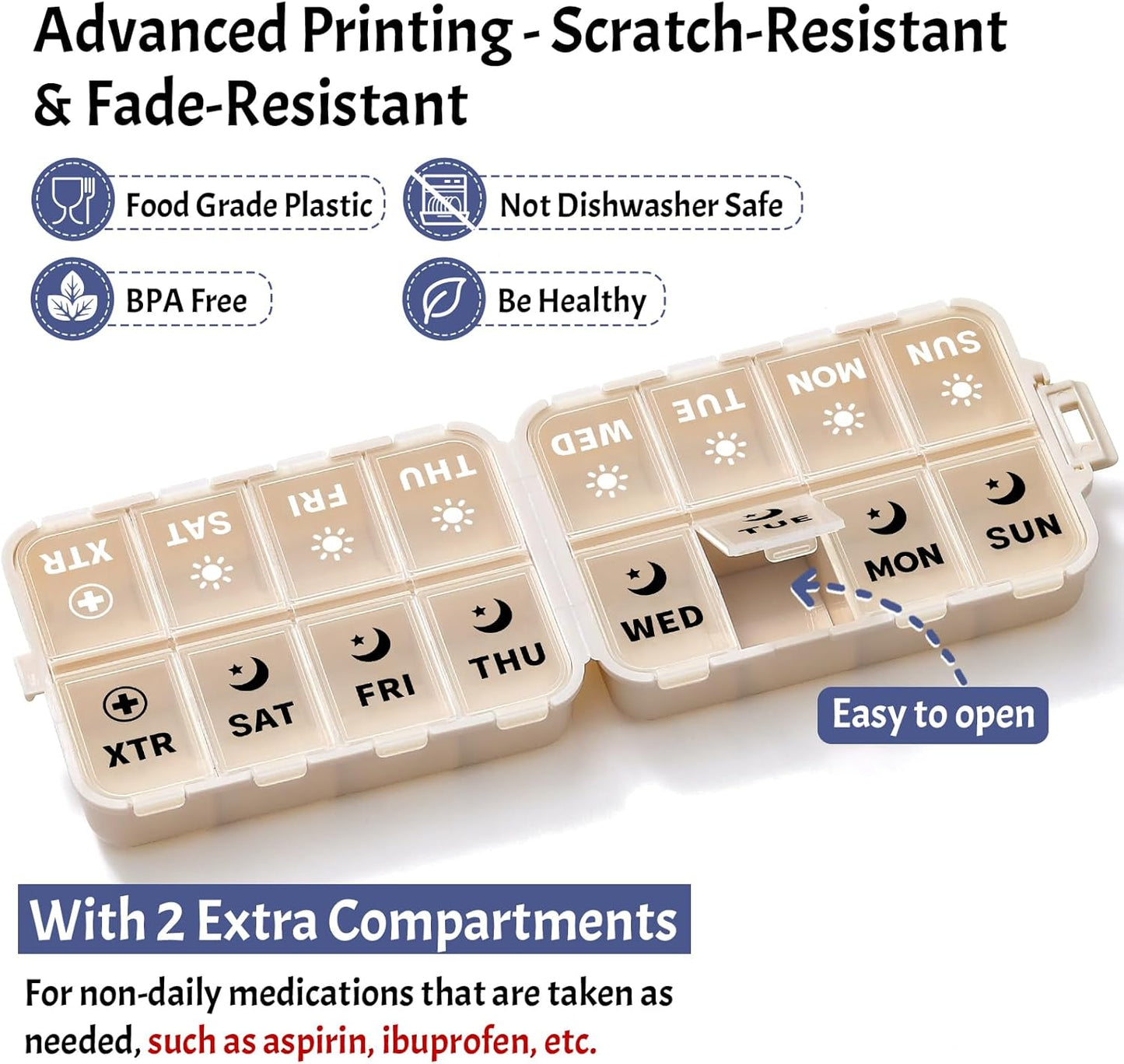 Foldable Weekly Pill Organizer 2 Times a Day with Extra Compartments (Clear Printed Labels) - Portable 7 AM PM Medicine Box, Week Daily Travel Case Holder for Vitamin, Supplement Khaki & EXTRA