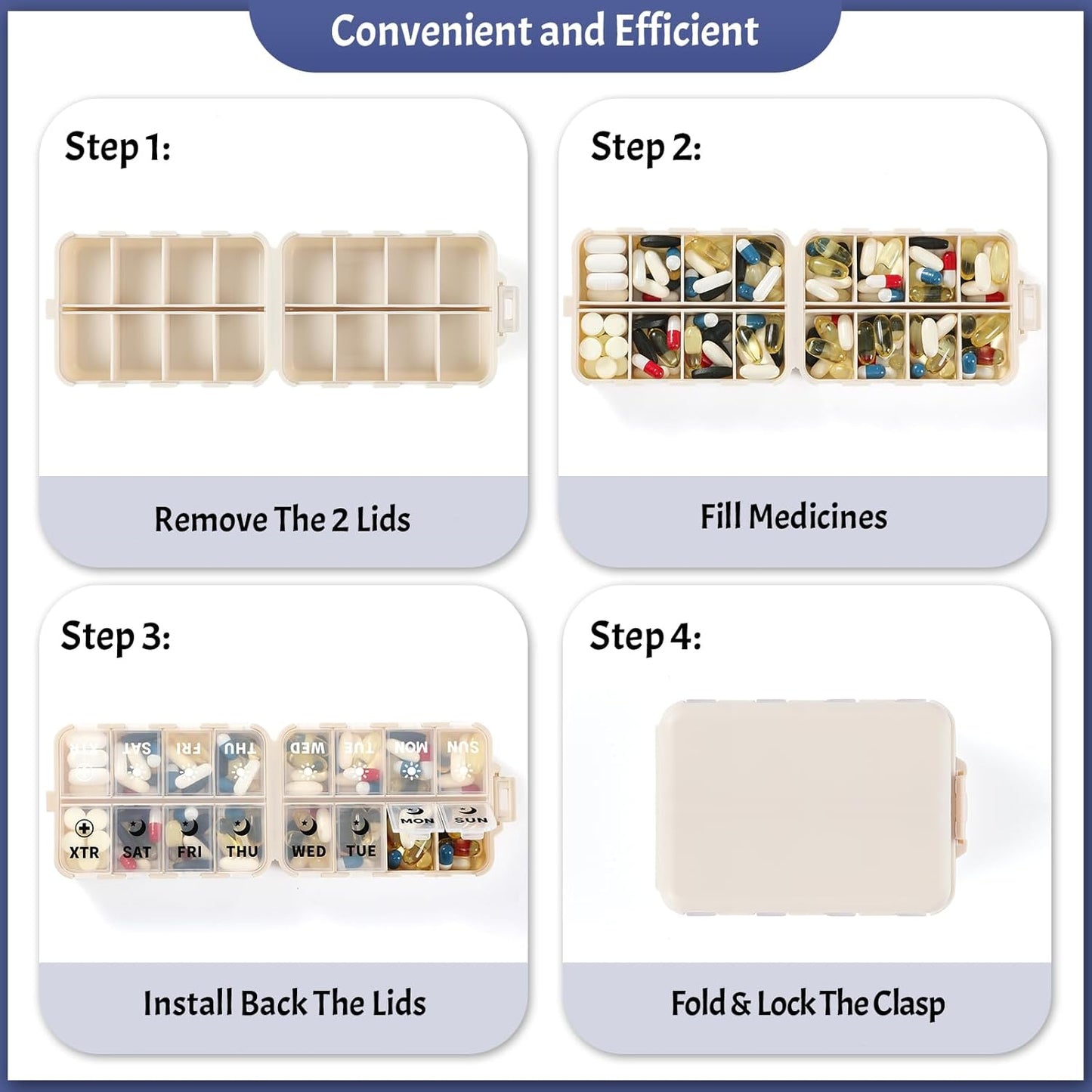 Foldable Weekly Pill Organizer 2 Times a Day with Extra Compartments (Clear Printed Labels) - Portable 7 AM PM Medicine Box, Week Daily Travel Case Holder for Vitamin, Supplement Khaki & EXTRA