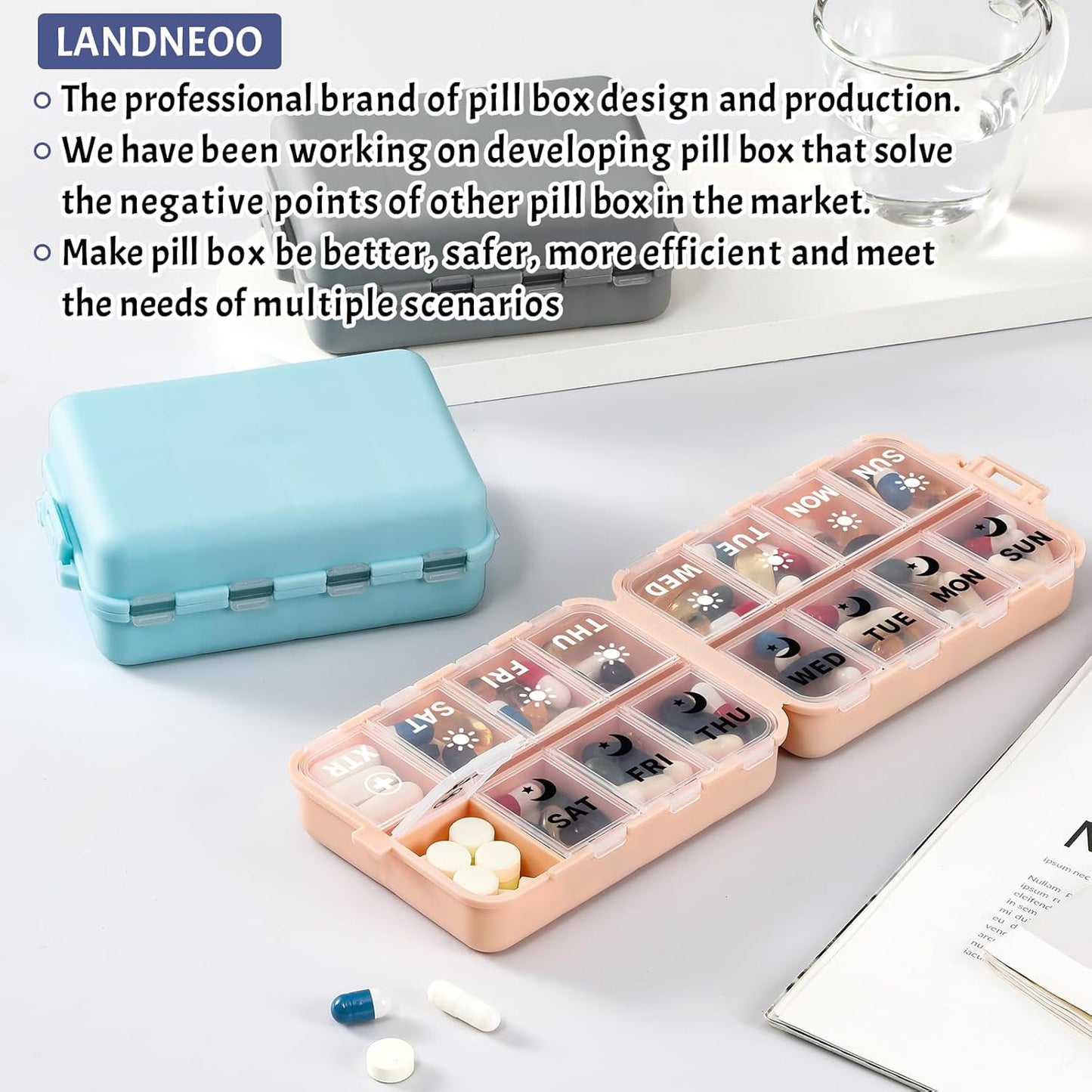 Foldable Weekly Pill Organizer 2 Times a Day with Extra Compartments (Clear Printed Labels) - Portable 7 AM PM Medicine Box, Week Daily Travel Case Holder for Vitamin, Supplement Khaki & EXTRA