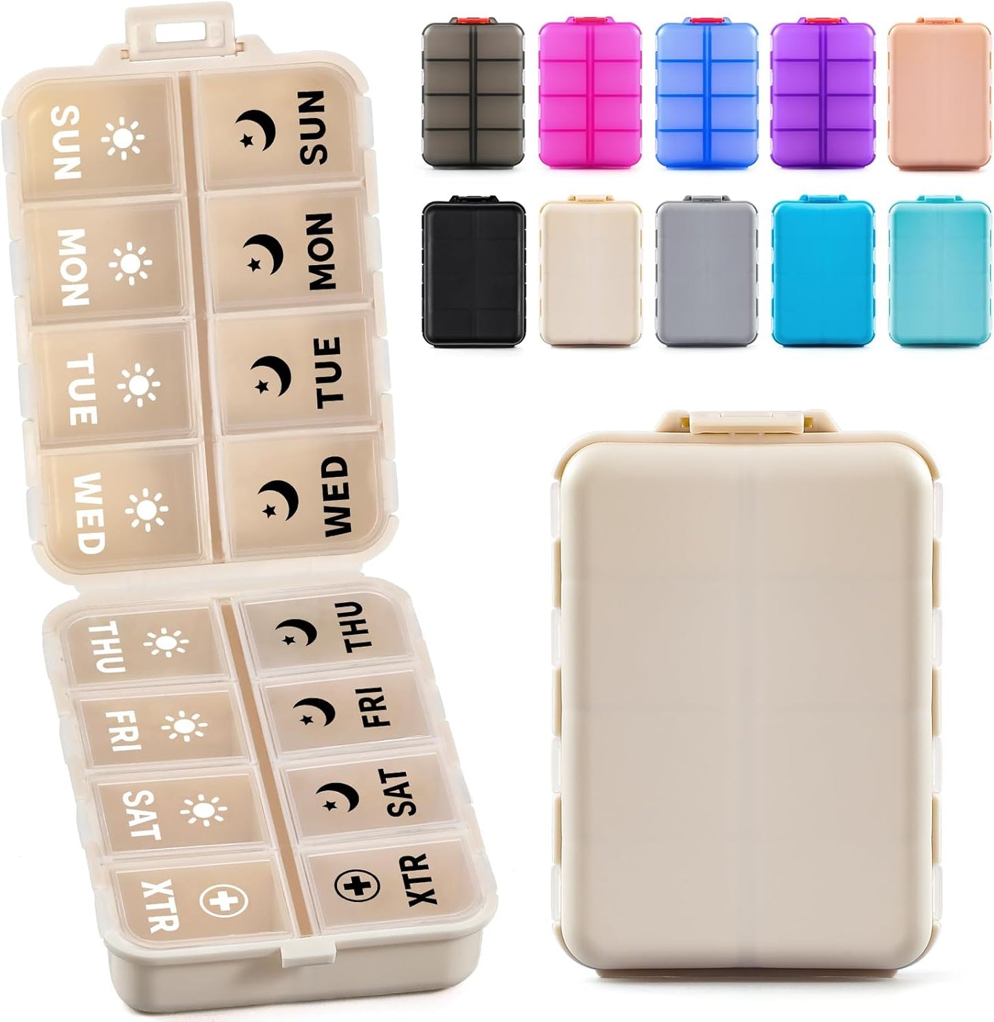 Foldable Weekly Pill Organizer 2 Times a Day with Extra Compartments (Clear Printed Labels) - Portable 7 AM PM Medicine Box, Week Daily Travel Case Holder for Vitamin, Supplement Khaki & EXTRA