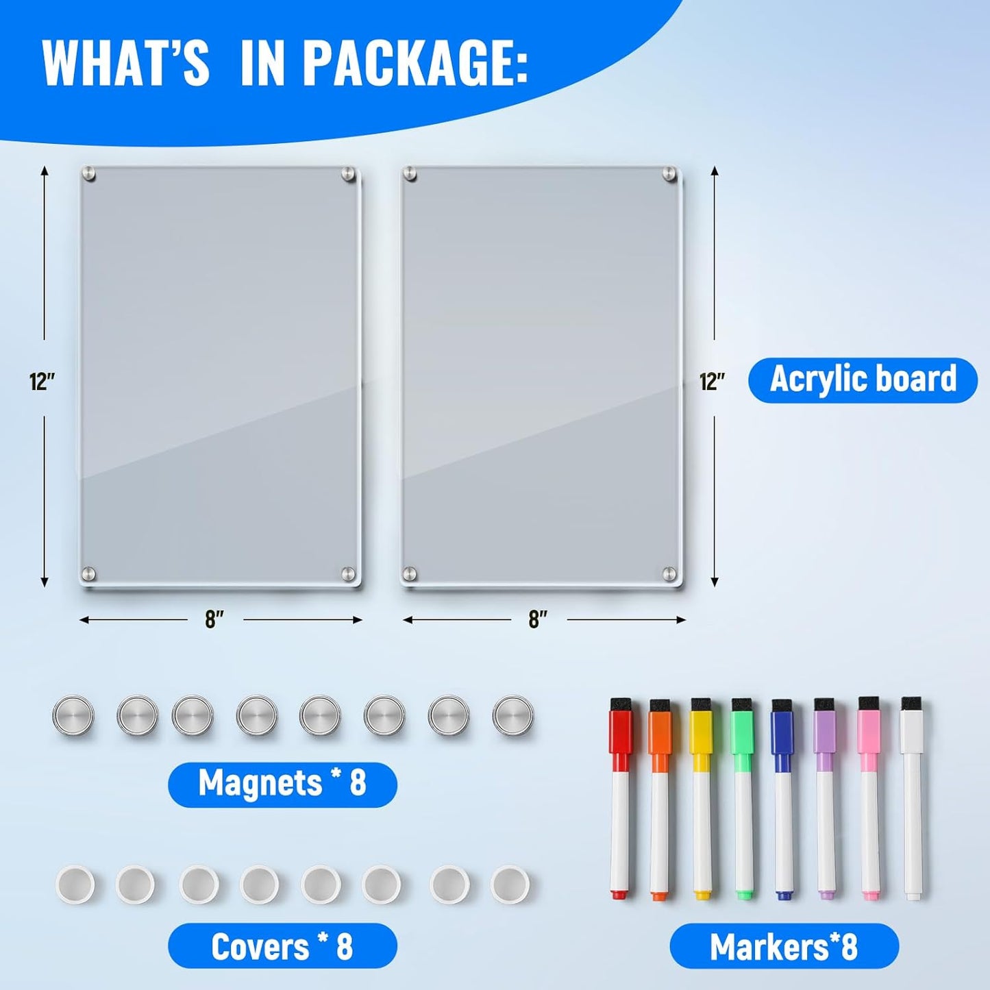 2 Pack 12''*8'' Acrylic Magnetic Whiteboard for Fridge, Clear Dry Erase Menu Board Refrigerator with 8 Markers, Planning to Do List/Shopping List, Meal Planner Kitchen -