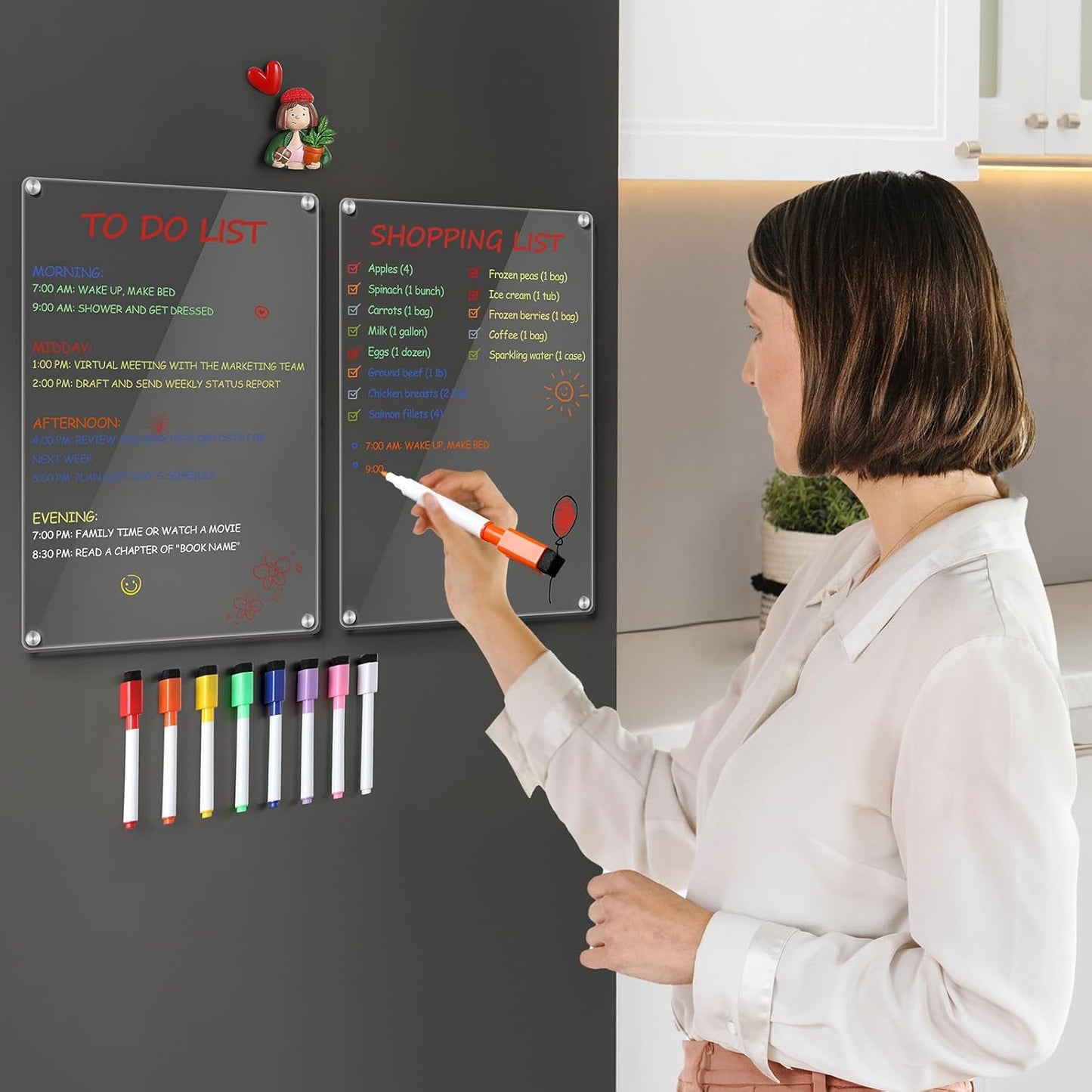 2 Pack 12''*8'' Acrylic Magnetic Whiteboard for Fridge, Clear Dry Erase Menu Board Refrigerator with 8 Markers, Planning to Do List/Shopping List, Meal Planner Kitchen -