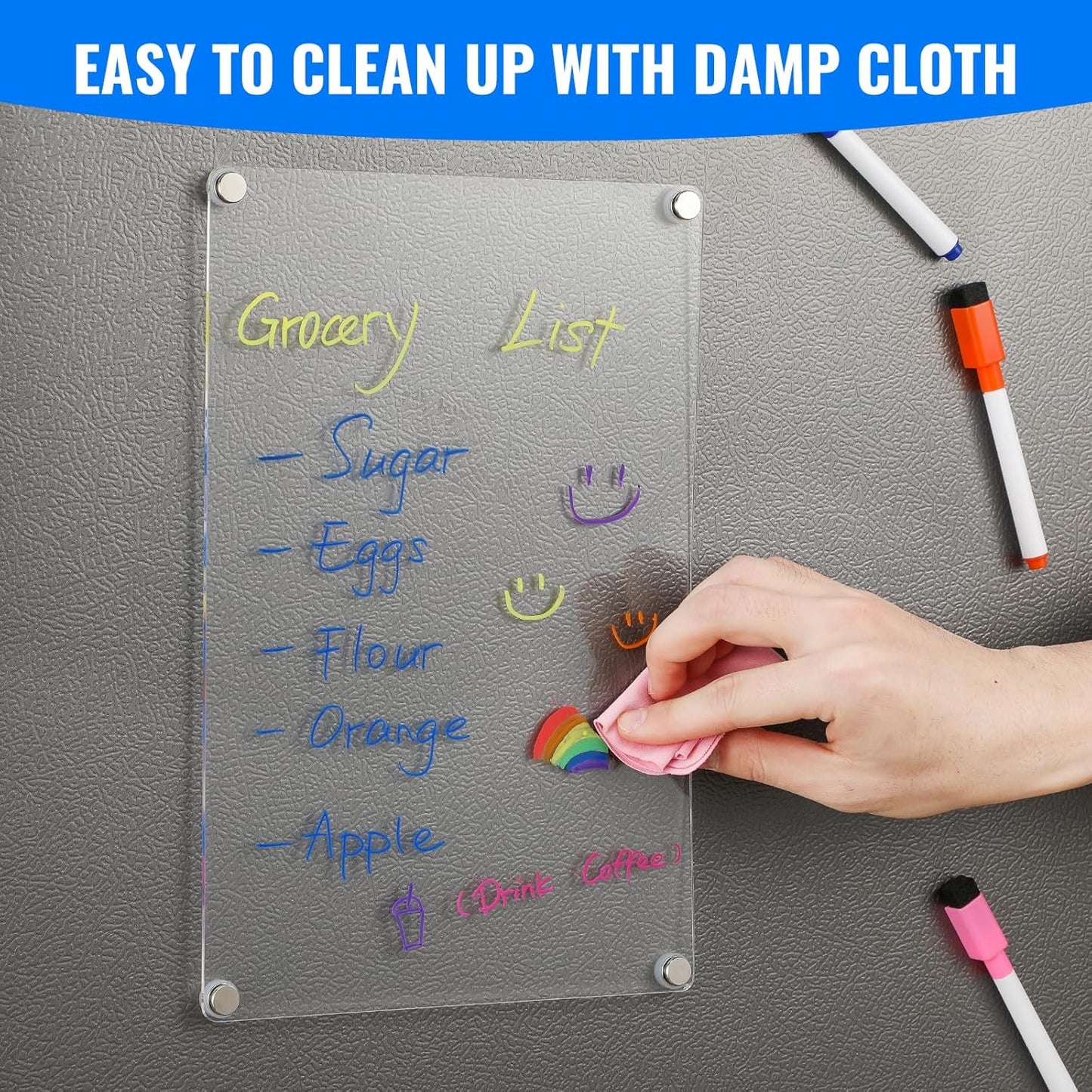 2 Pack 12''*8'' Acrylic Magnetic Whiteboard for Fridge, Clear Dry Erase Menu Board Refrigerator with 8 Markers, Planning to Do List/Shopping List, Meal Planner Kitchen -