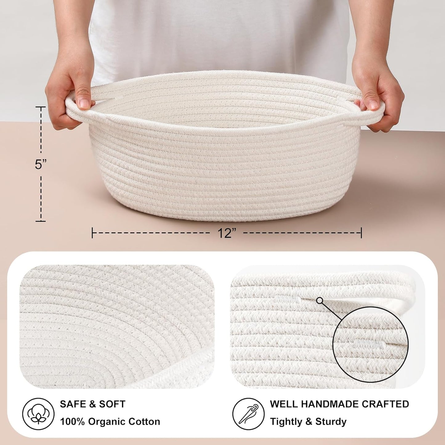 8 Pack Small Woven Basket with Gift Bags and Ribbons, All 12"x 8"x 5", Empty Decorative Chest Box, Cute Baby for Nursery, Cotton Rope Room Shelf Storage Handles, White -