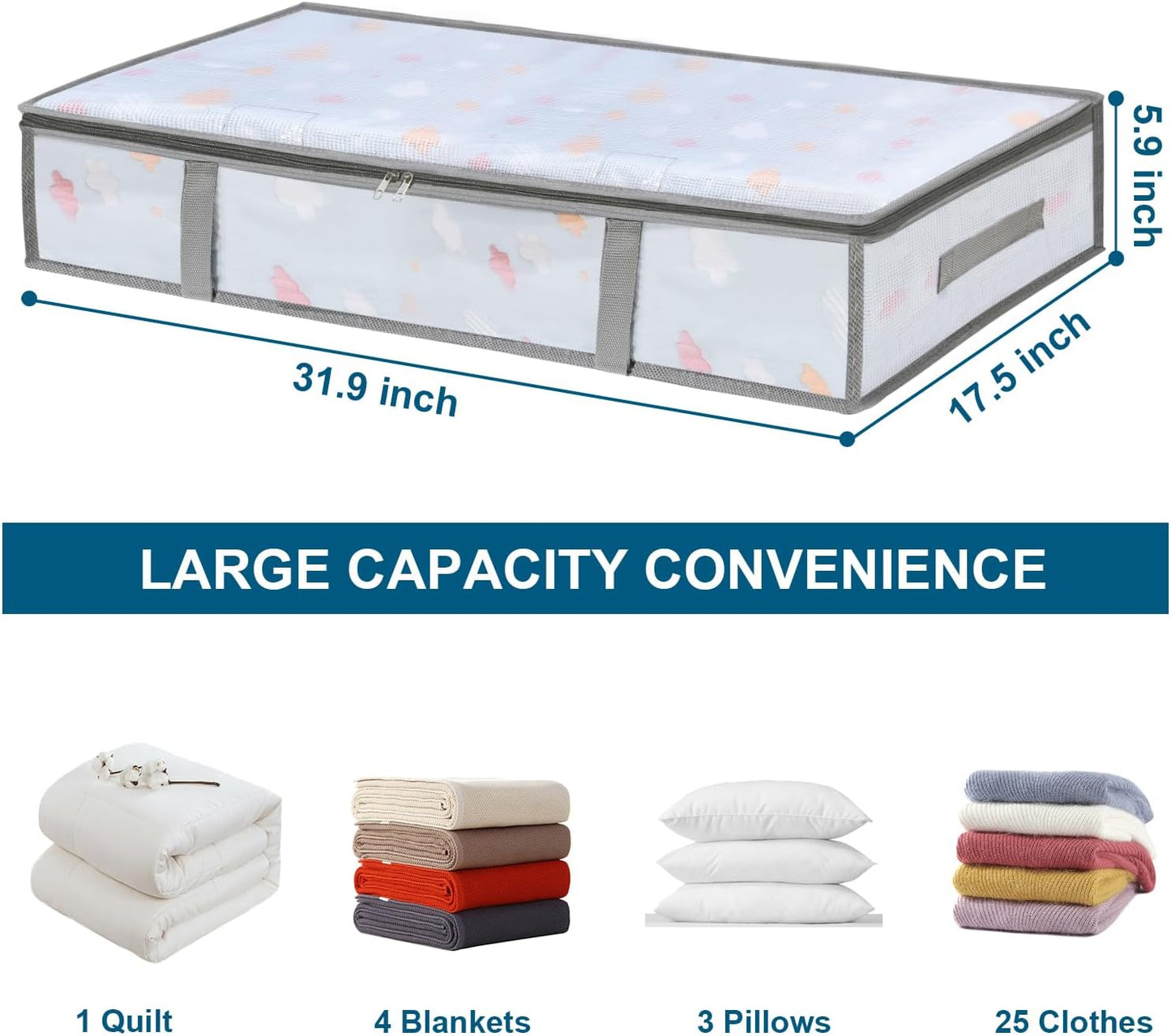 2 Pack Under Bed Storage Containers Bins, Humid-Proof Plastic Underbed Clothes and Organization Bags, the Blanket with Handles for Clothes, Bedroom - 55L