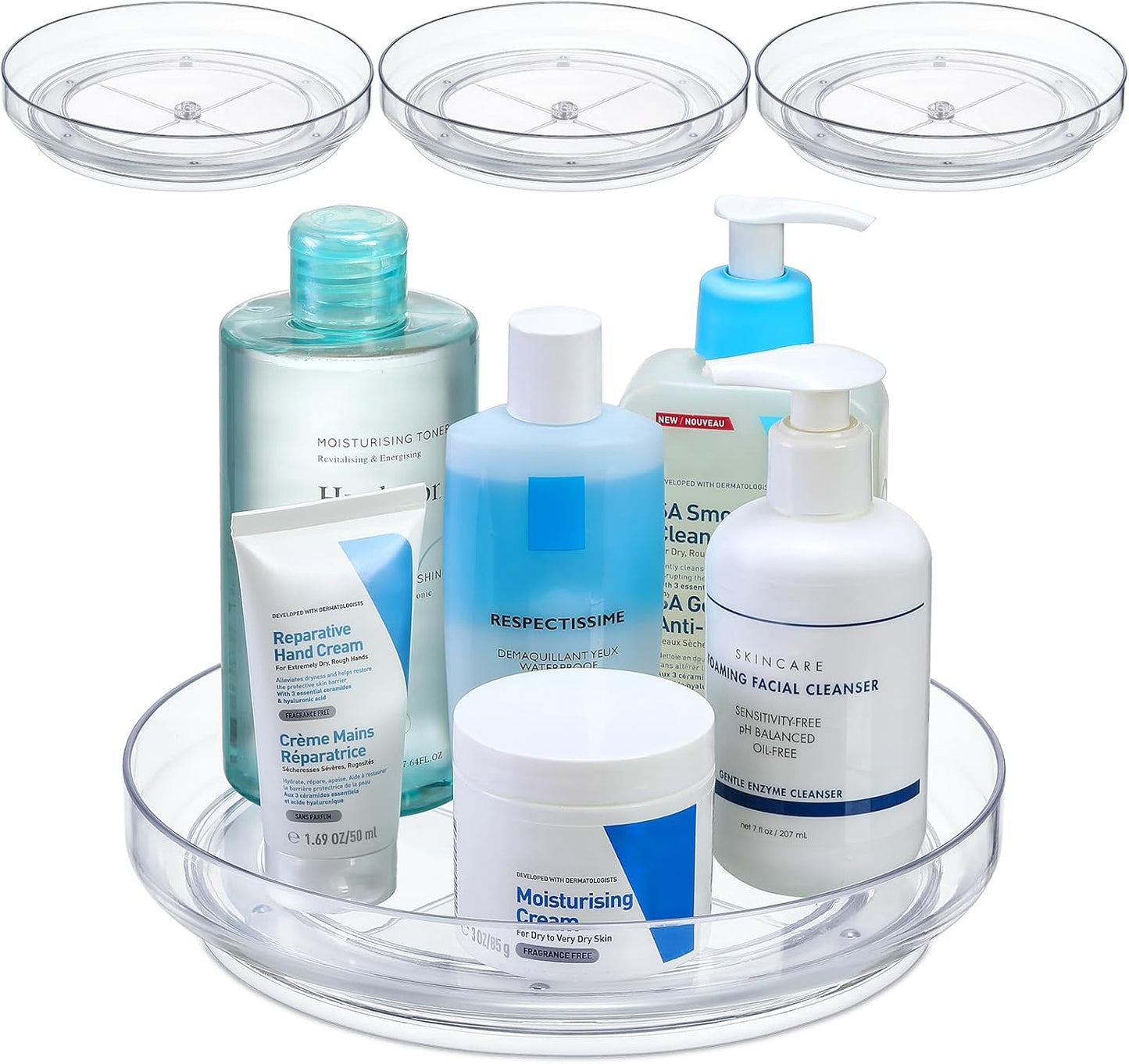4 Pack 9 Inch Clear Acrylic Lazy Susan, Non-Skid Turntable Organizer for Cabinet, Kitchen, Pantry Organization Storage, Refrigerator, Vanity Makeup, Bathroom Countertop Organizing, Rotating Spice Rack
