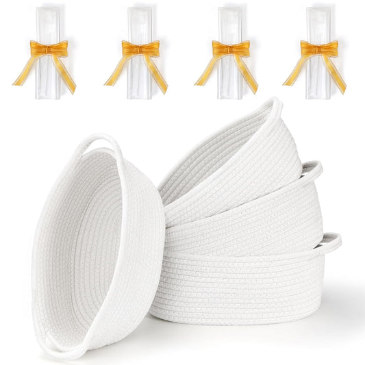 4 Pack Small Woven Basket with Handles, All 12"x 8"x 5", Cotton Rope Room Shelf Storage Basket, Cat Toys, Cute Baby Gift Bags and Ribbons for Nursery, Empty Decorative Chest Box White -