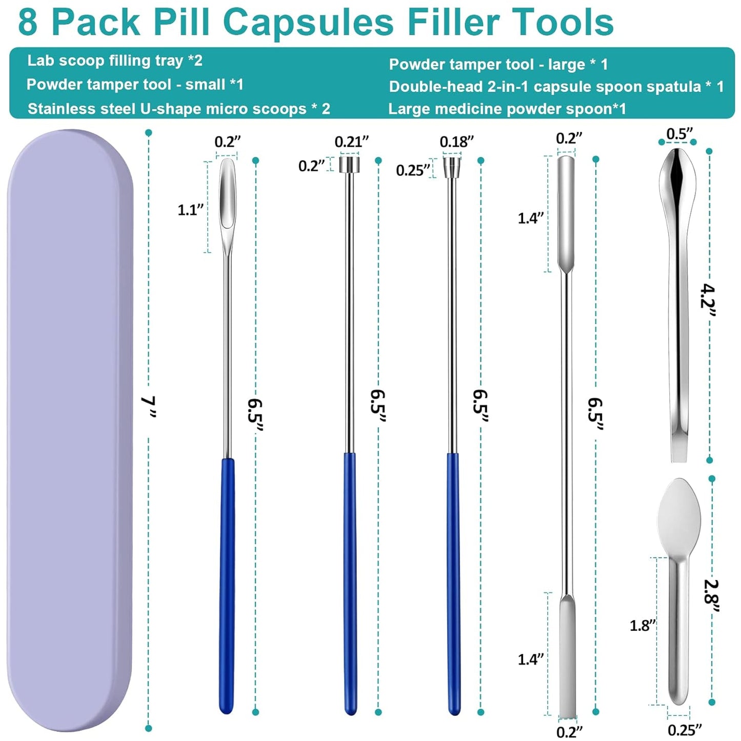 8 Piece Capsule Filling Machine Kits for Empty Pill Capsules Filler, Home & Lab Supplies - Micro Tiny Spoon Spatula, Scoop Tray, Herb Powder Tamper Tool, Gel Size #000 00 0 1 2 3
