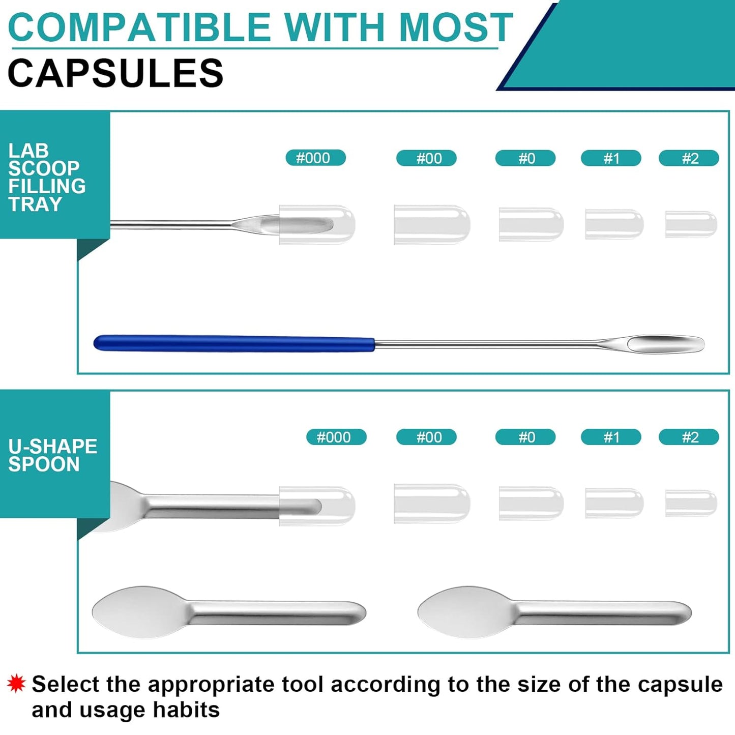 8 Piece Capsule Filling Machine Kits for Empty Pill Capsules Filler, Home & Lab Supplies - Micro Tiny Spoon Spatula, Scoop Tray, Herb Powder Tamper Tool, Gel Size #000 00 0 1 2 3